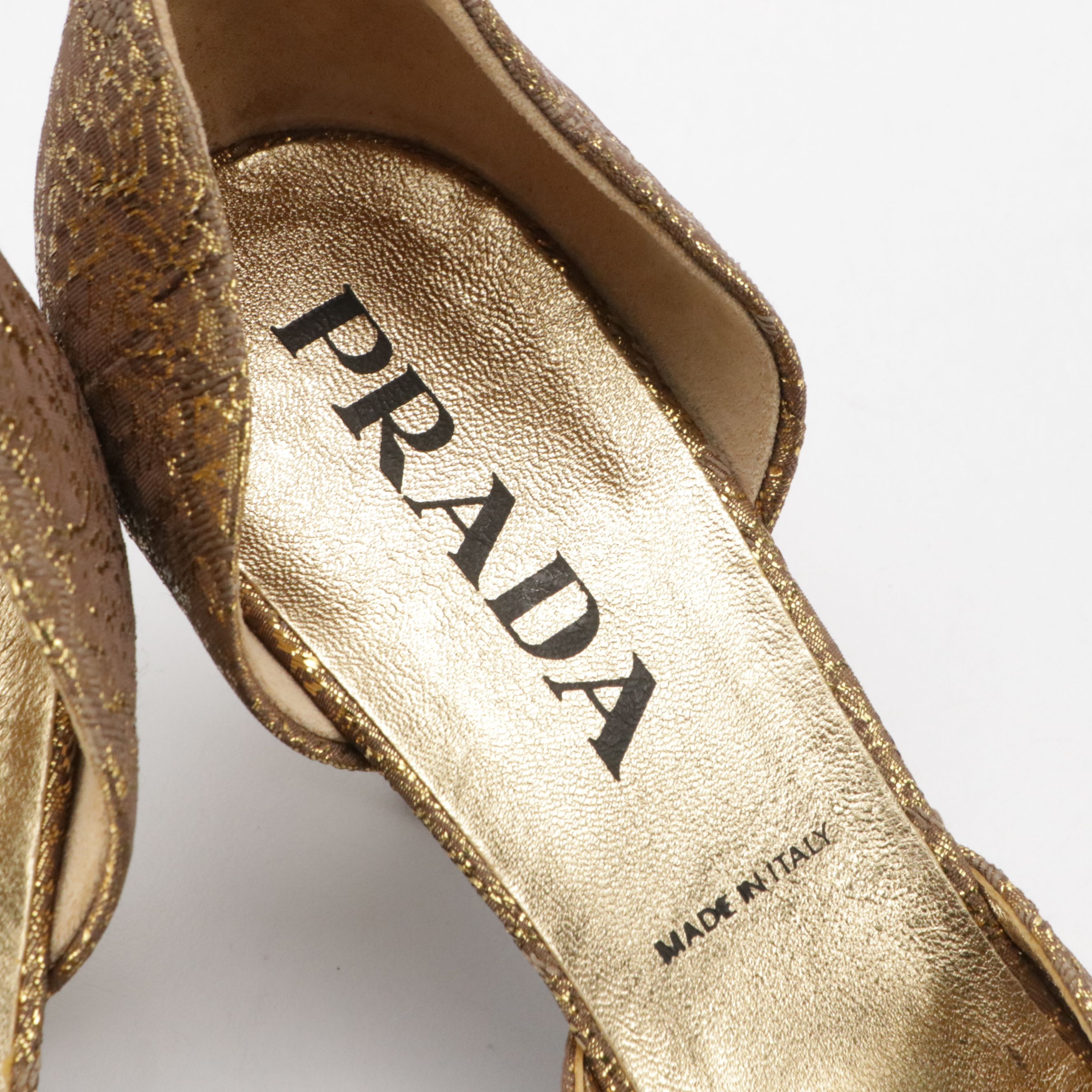 Prada D'Orsay Buckle Kitten Heels in Gold Metallic Brocade With Box