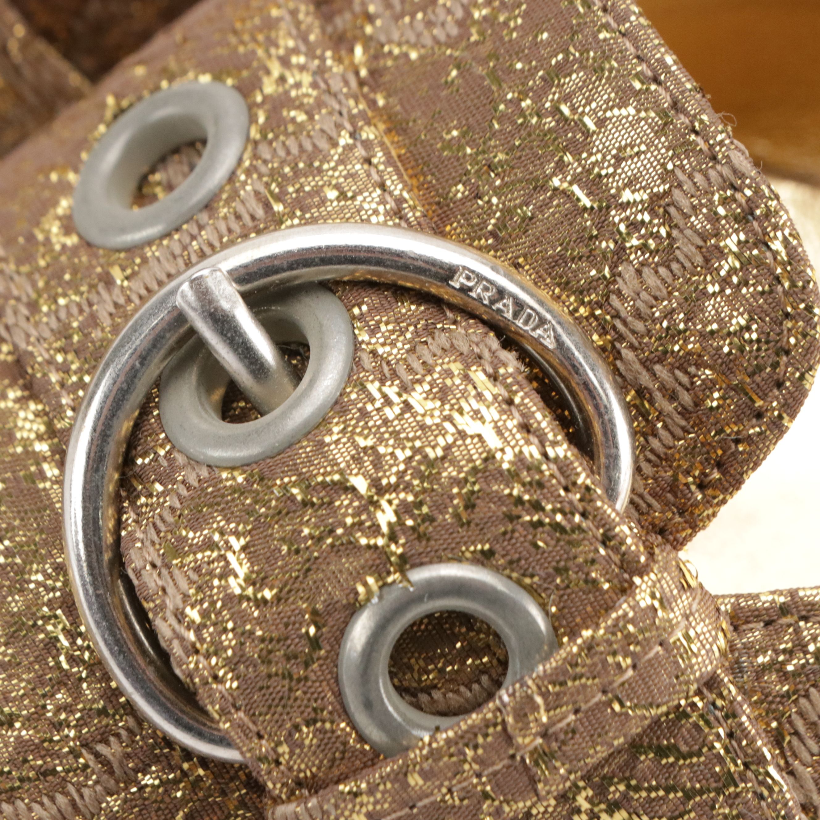 Prada D'Orsay Buckle Kitten Heels in Gold Metallic Brocade With Box