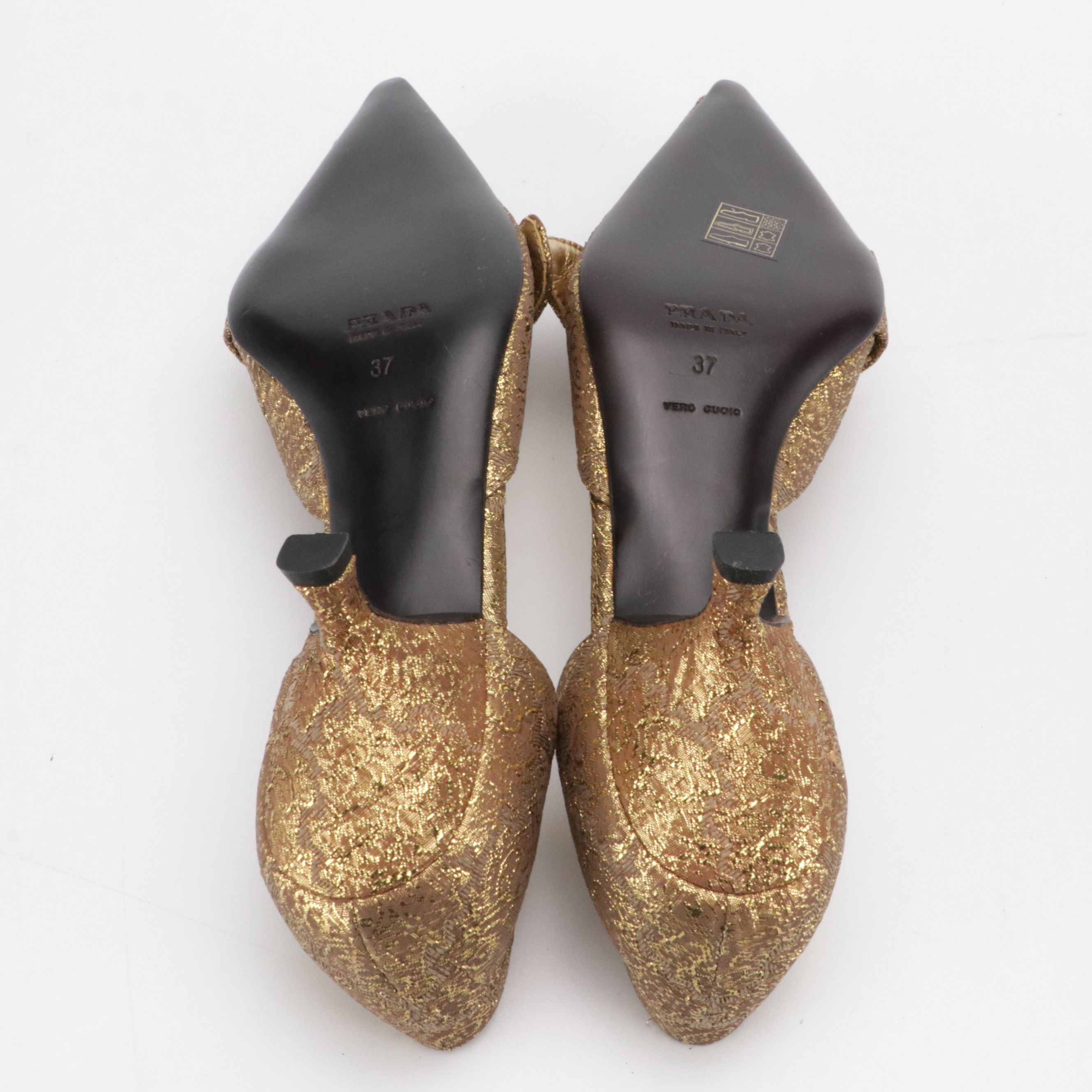 Prada D'Orsay Buckle Kitten Heels in Gold Metallic Brocade With Box