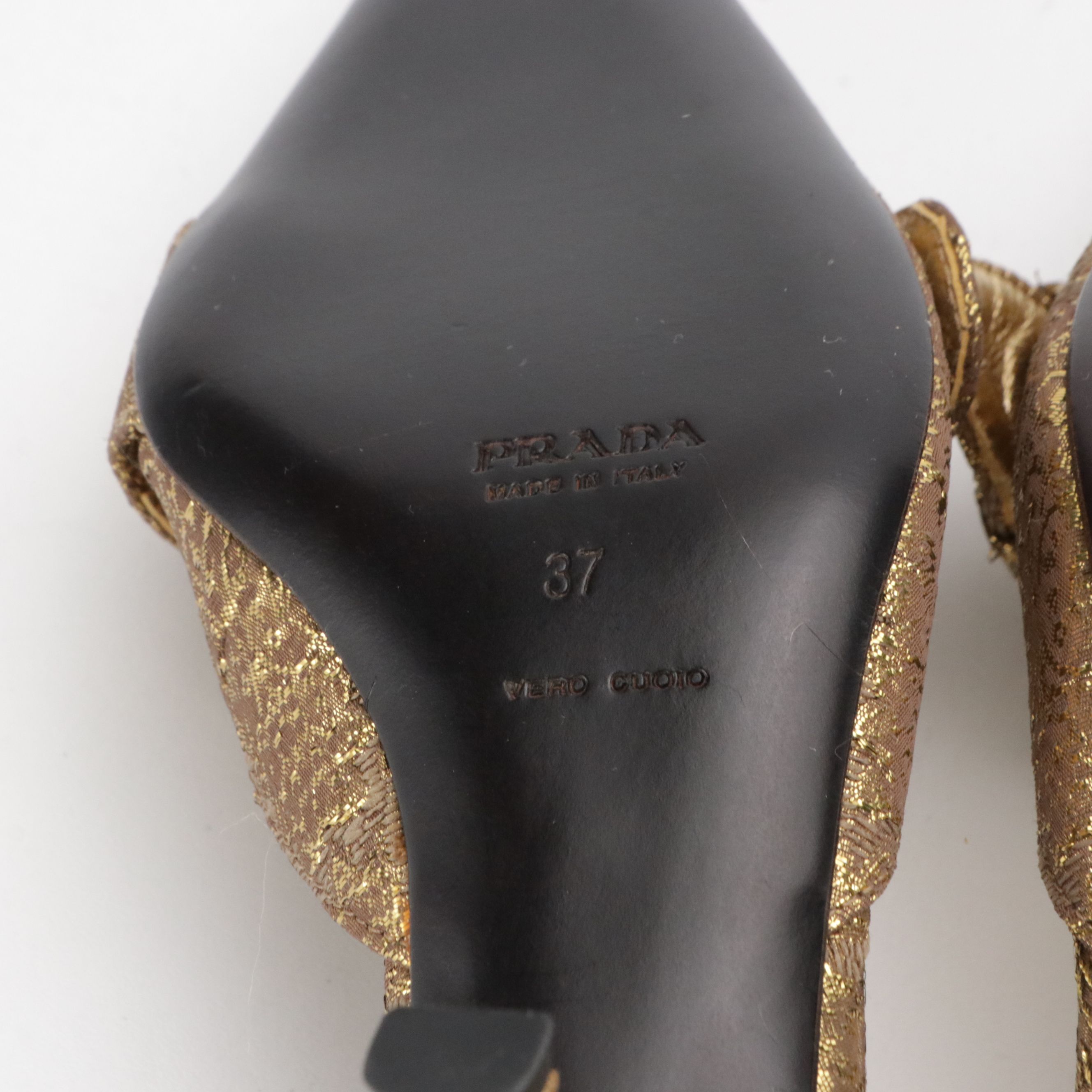 Prada D'Orsay Buckle Kitten Heels in Gold Metallic Brocade With Box