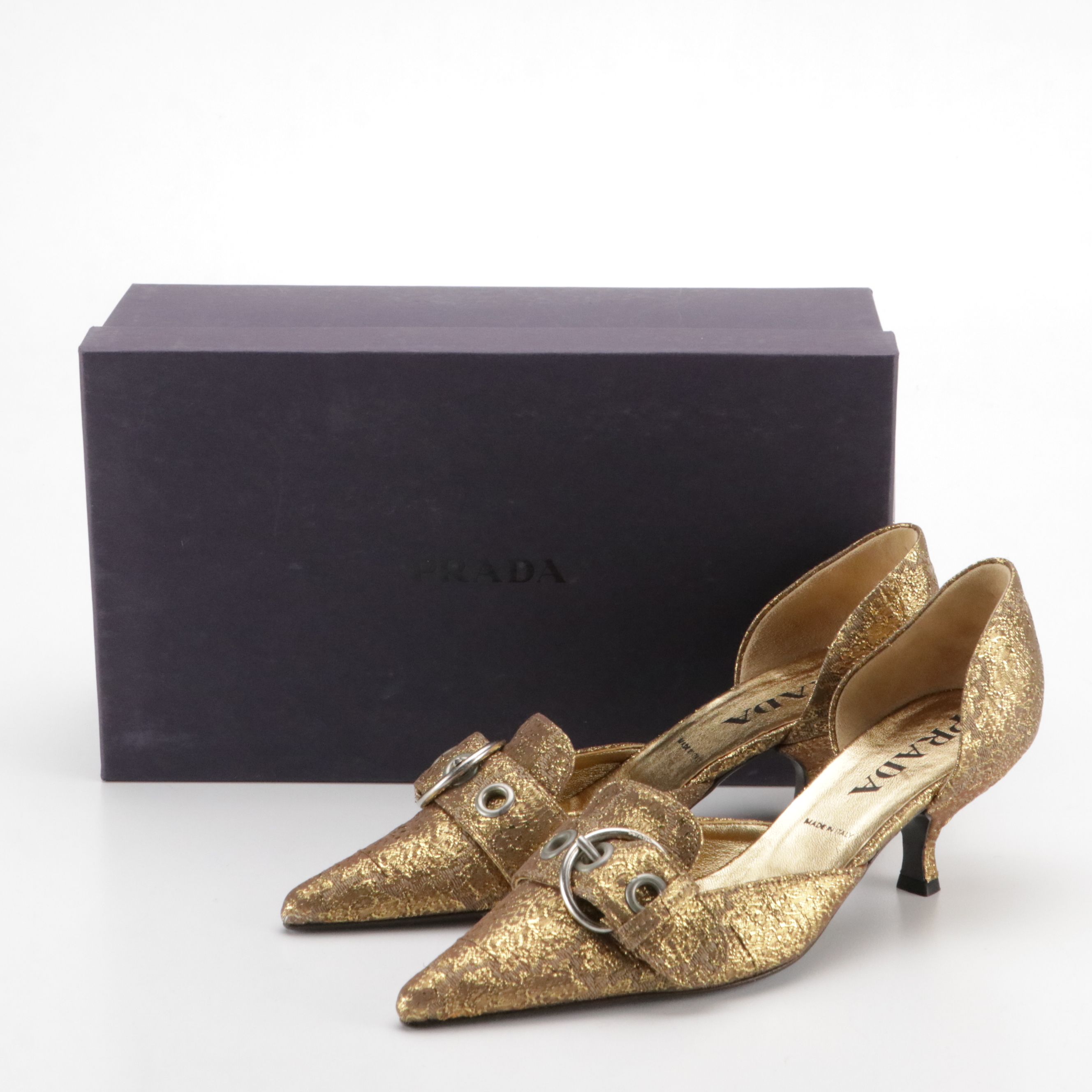 Prada D'Orsay Buckle Kitten Heels in Gold Metallic Brocade With Box