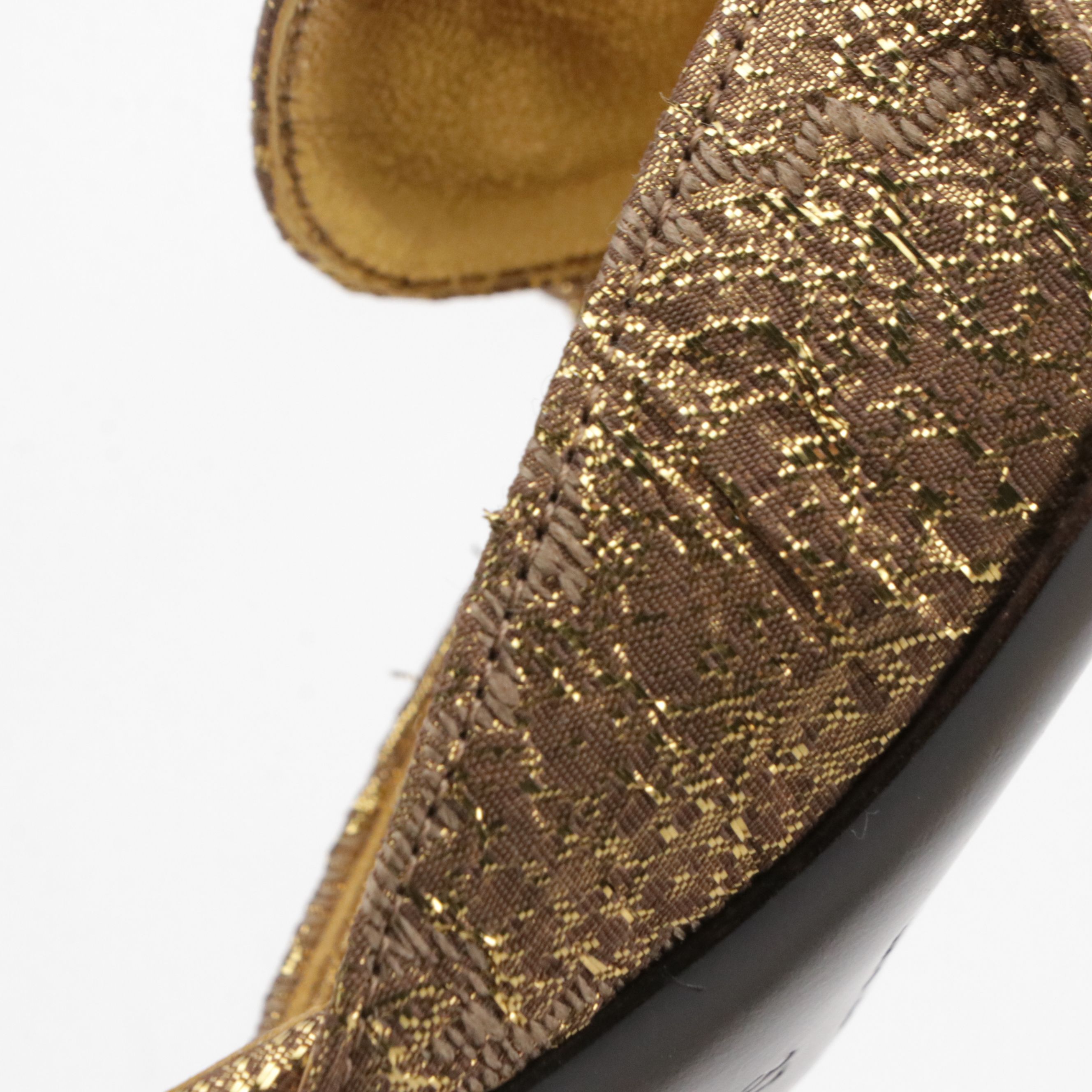 Prada D'Orsay Buckle Kitten Heels in Gold Metallic Brocade With Box