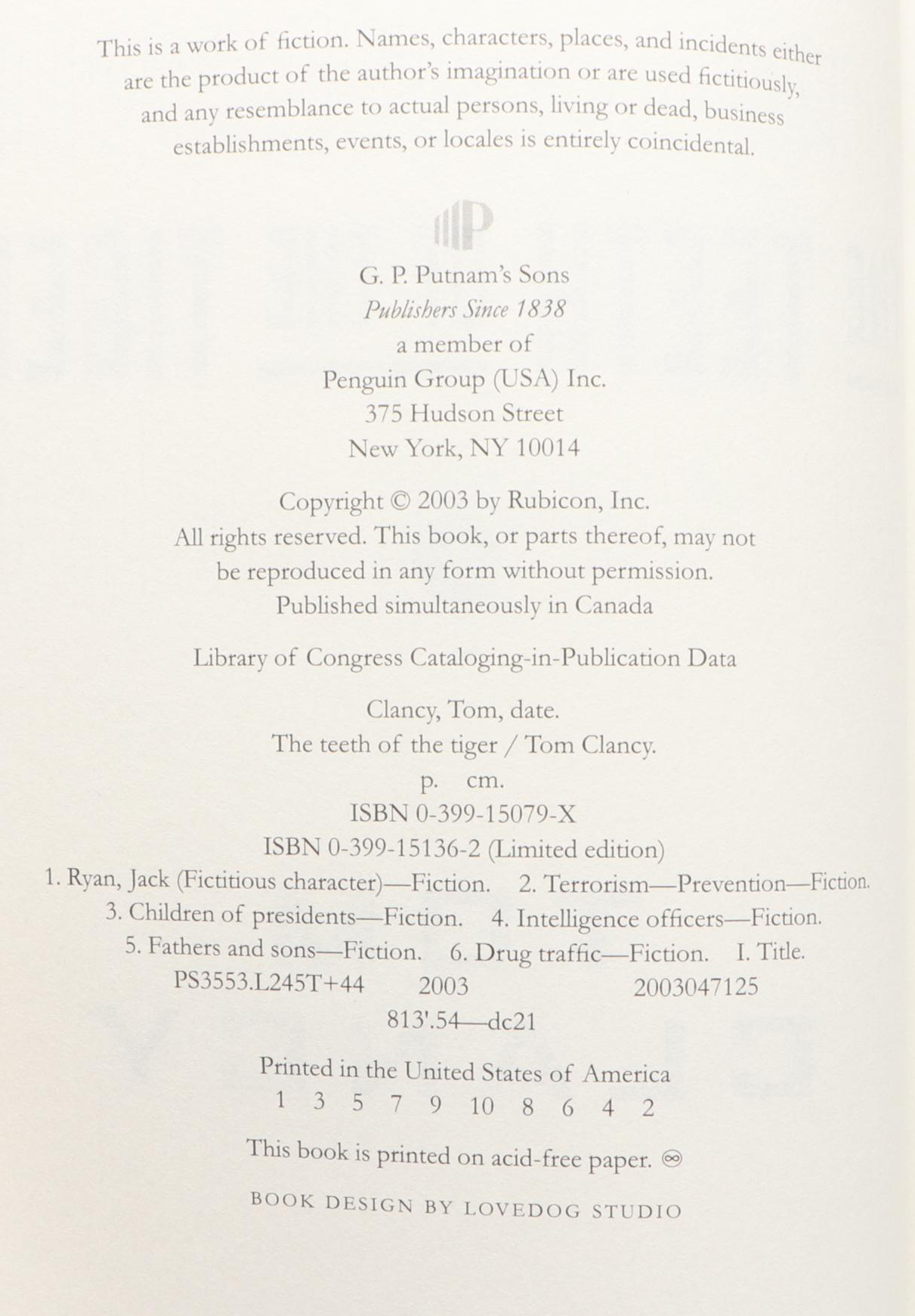 Double Signed First Edition "The Teeth of the Tiger" by Tom Clancy, 2003