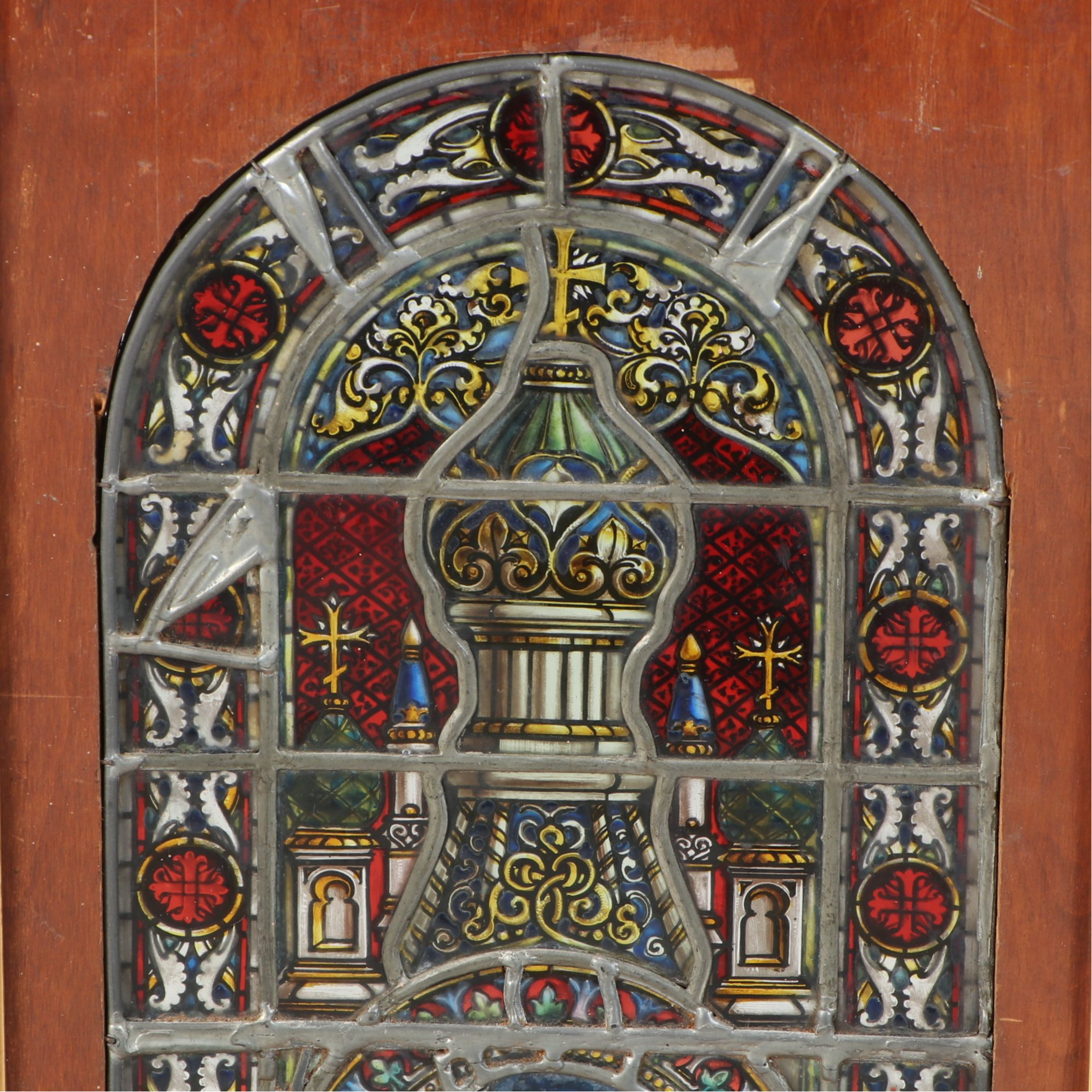 Miniature Painted Stained Glass Church Window Panel in Wooden Frame and Stand