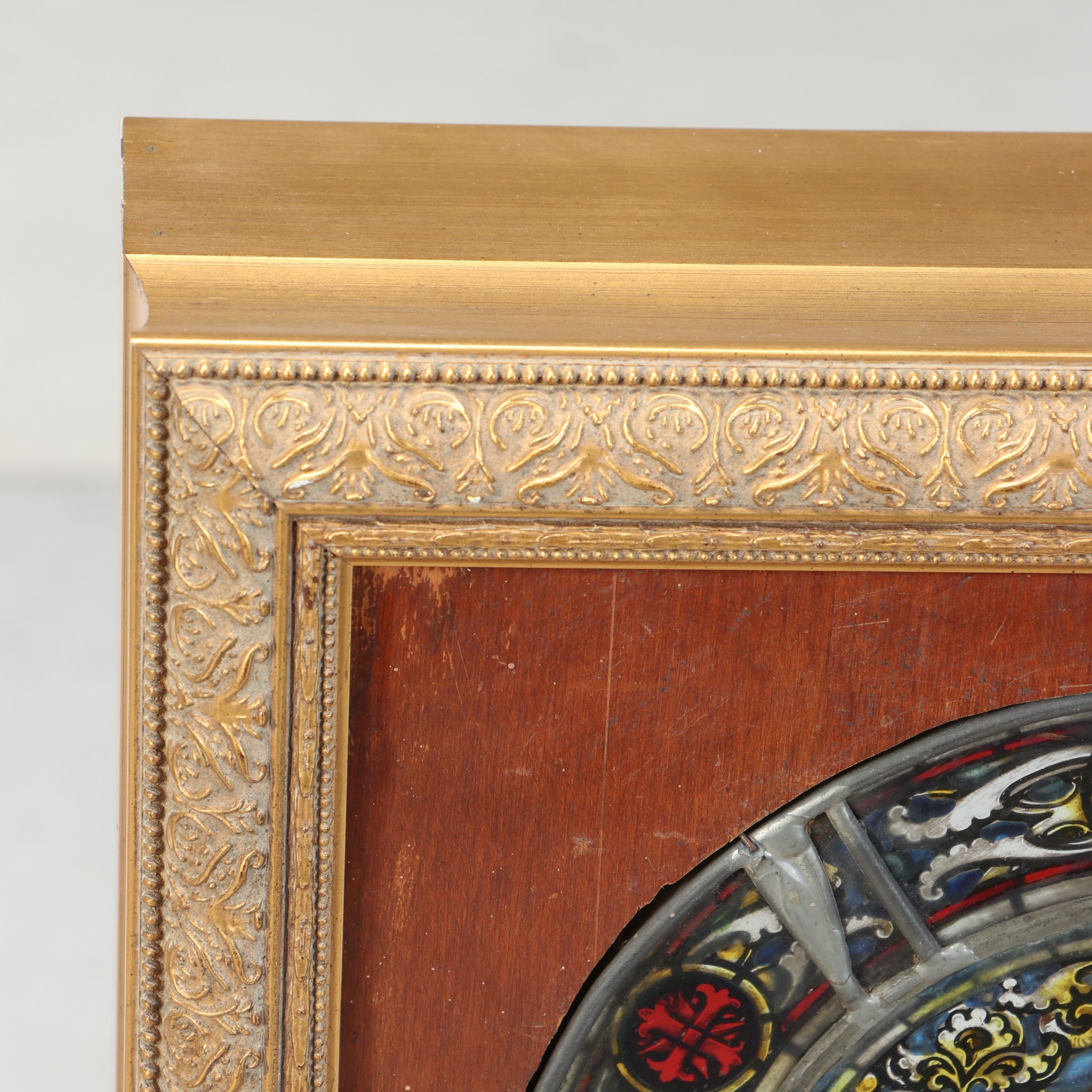 Miniature Painted Stained Glass Church Window Panel in Wooden Frame and Stand