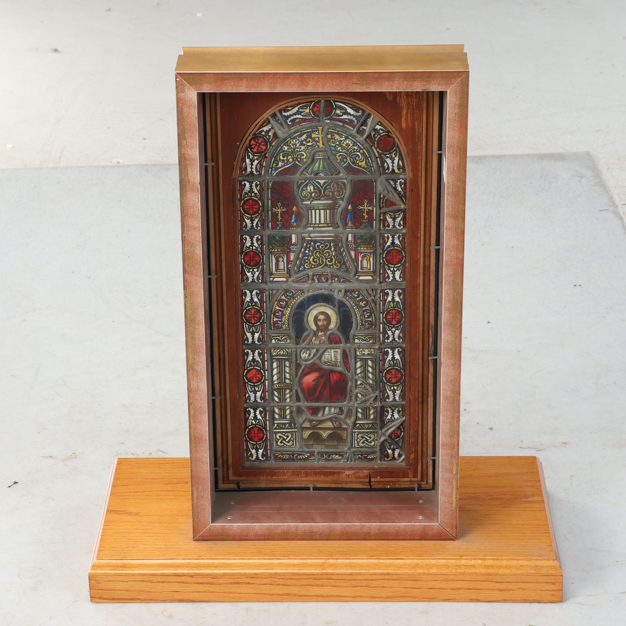 Miniature Painted Stained Glass Church Window Panel in Wooden Frame and Stand