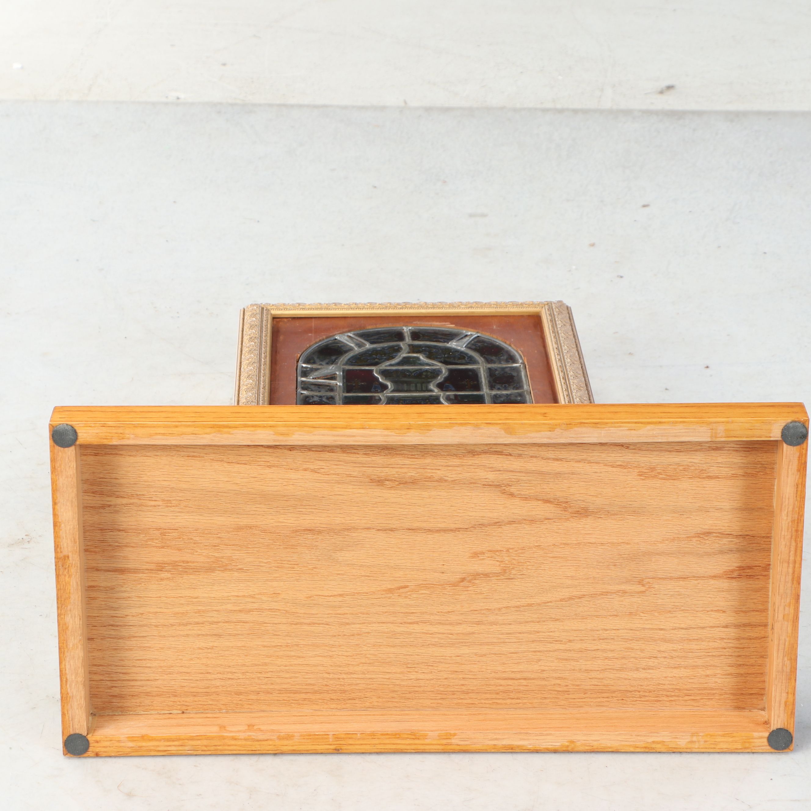 Miniature Painted Stained Glass Church Window Panel in Wooden Frame and Stand