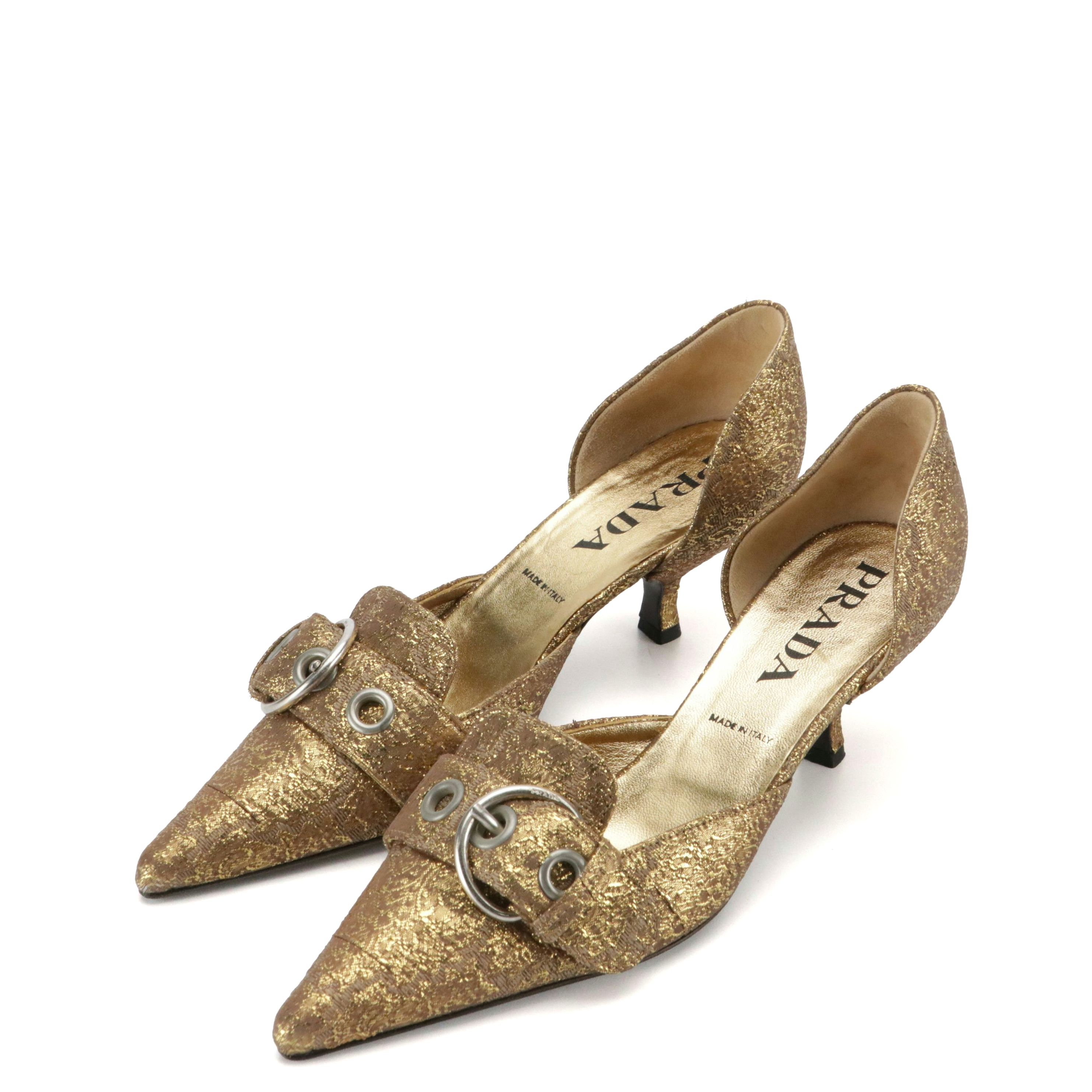 Prada D'Orsay Buckle Kitten Heels in Gold Metallic Brocade With Box