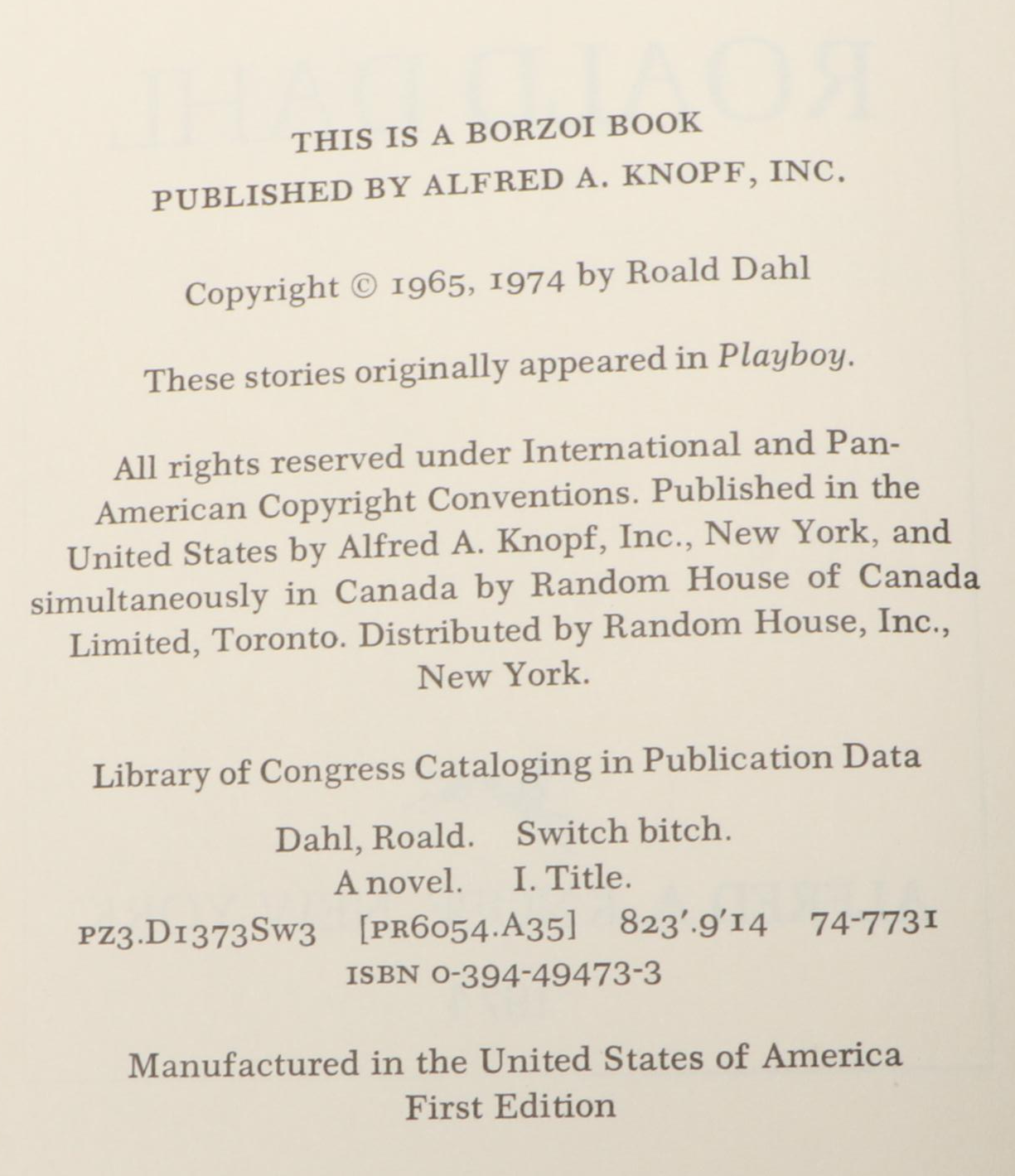 First Edition "Switch Bitch" by Roald Dahl and More Books