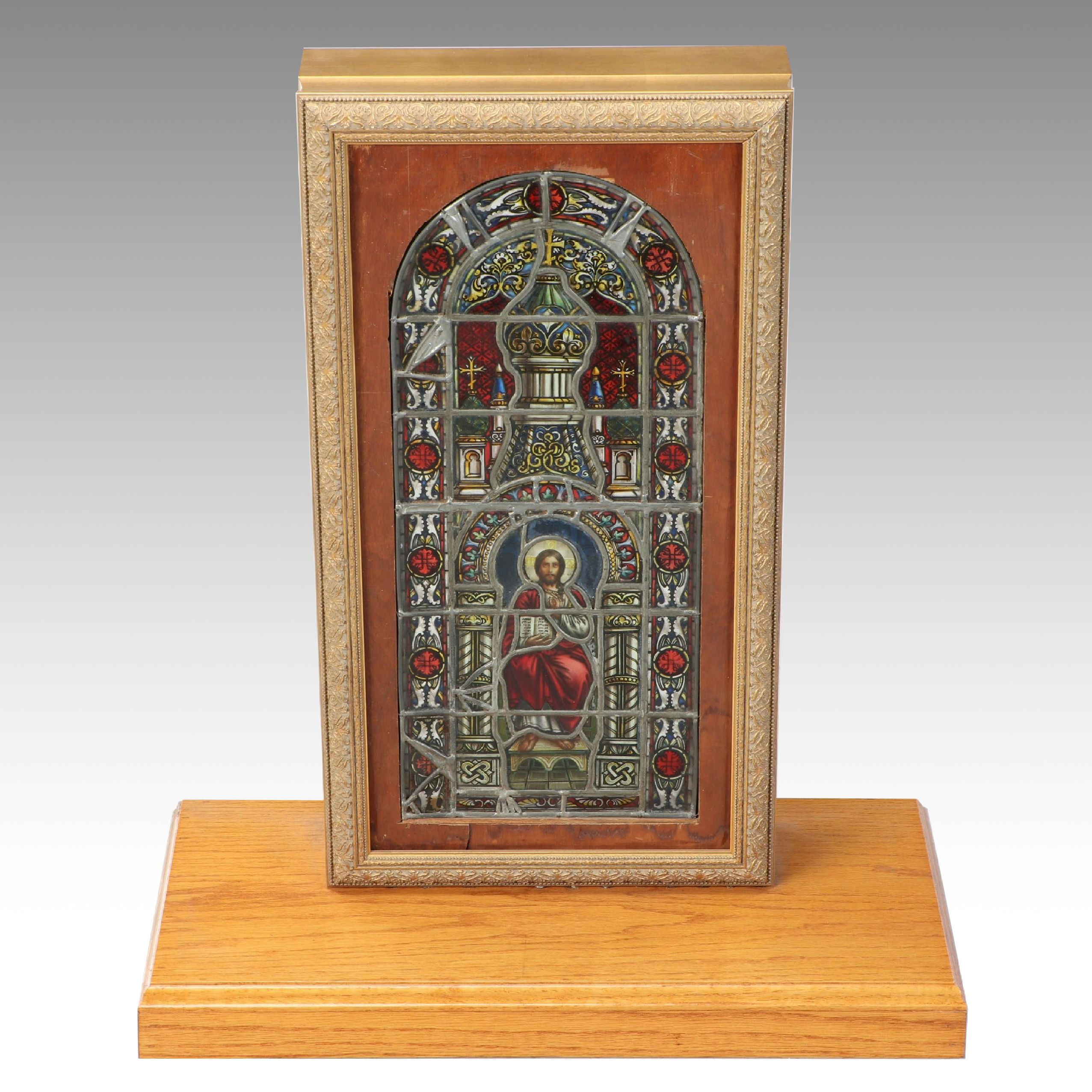 Miniature Painted Stained Glass Church Window Panel in Wooden Frame and Stand