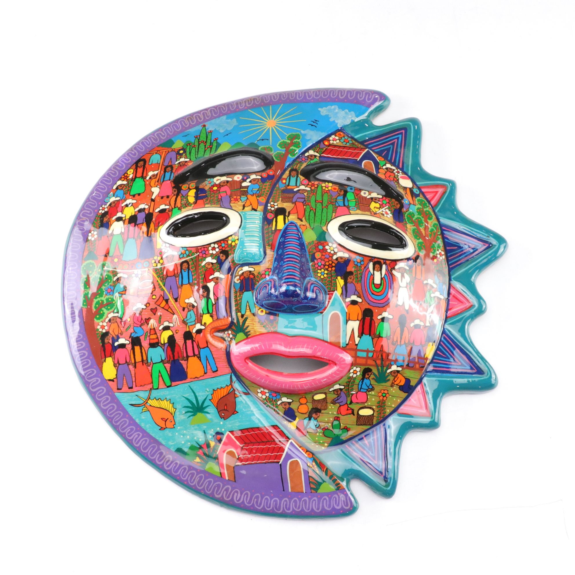 Mexican Folk Art Terracotta "Sun and Moon Eclipse" Wall Hanging
