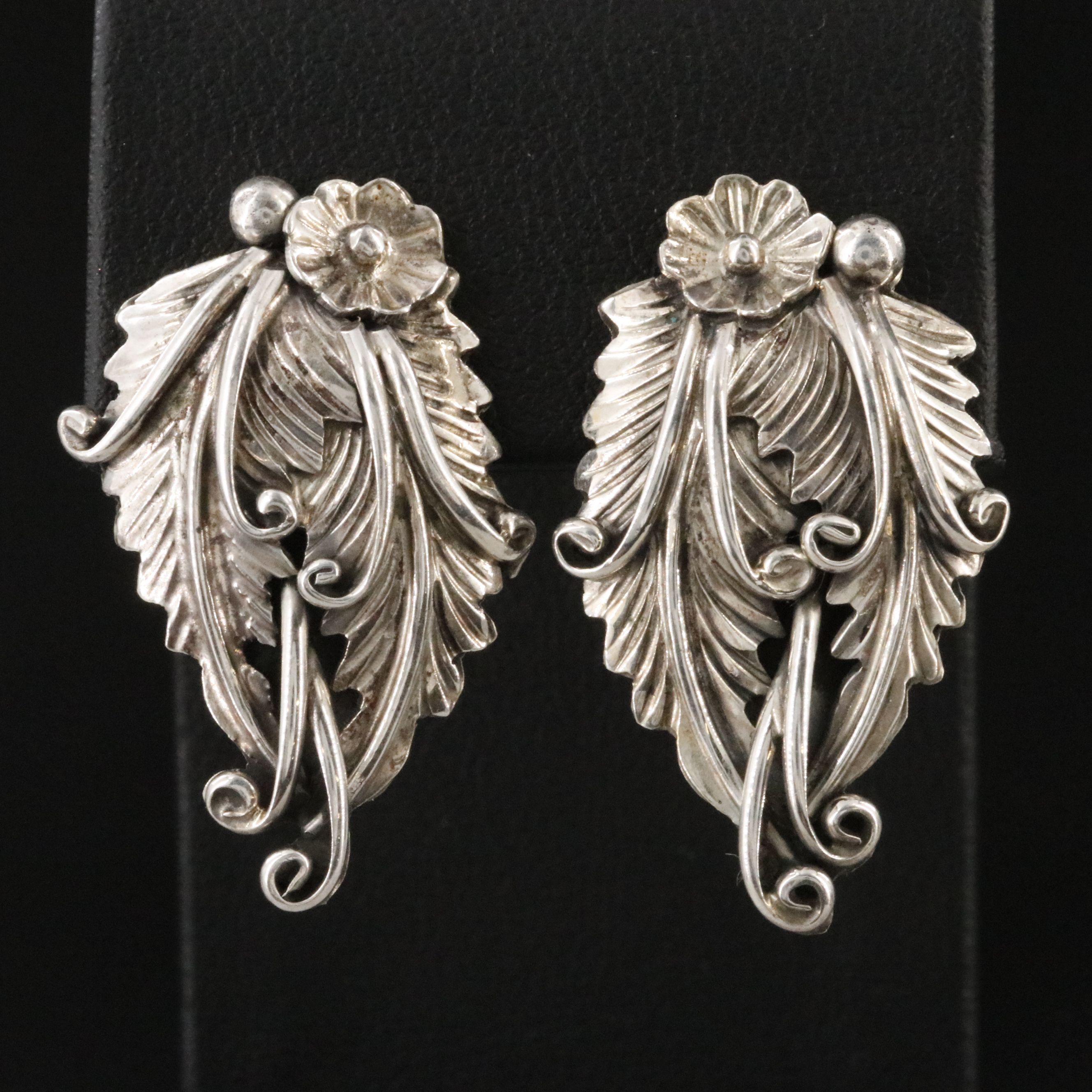 Signed Southwestern Sterling Appliqué Floral and Feather Earrings