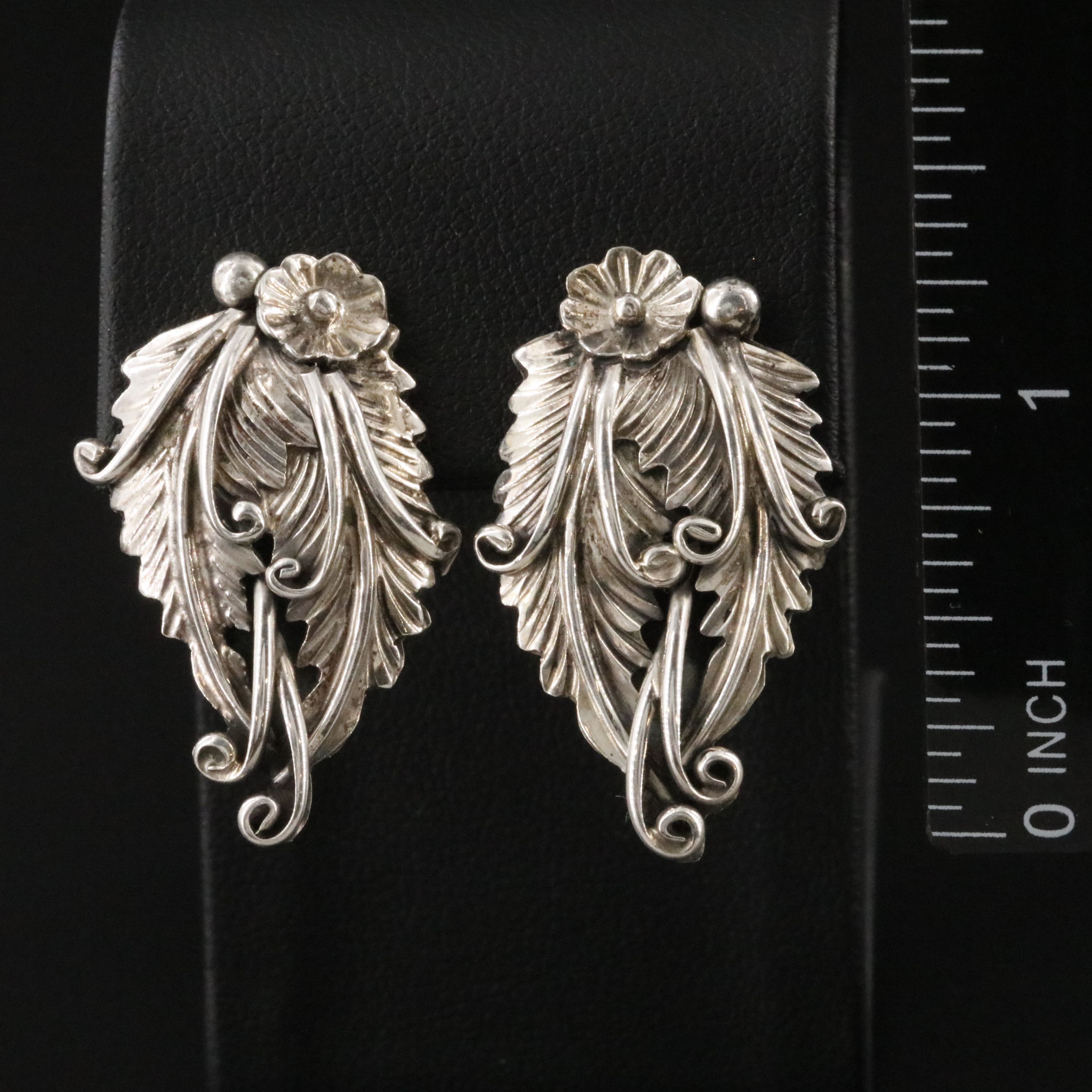 Signed Southwestern Sterling Appliqué Floral and Feather Earrings