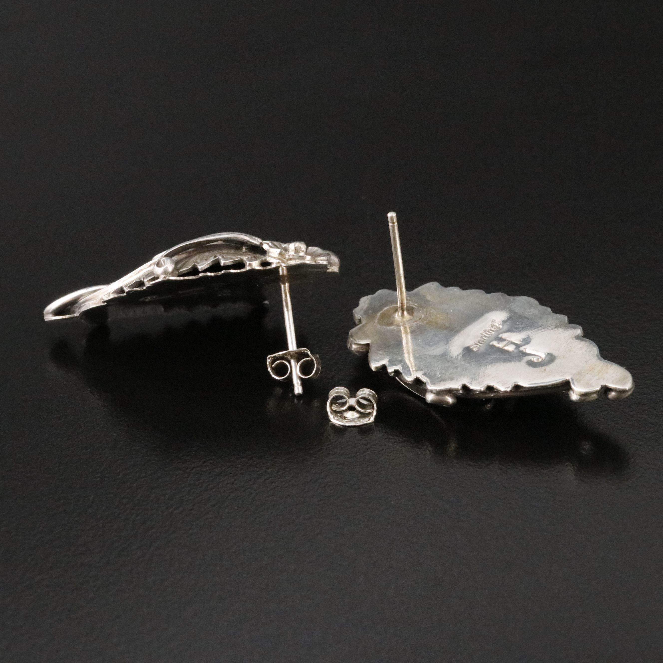 Signed Southwestern Sterling Appliqué Floral and Feather Earrings