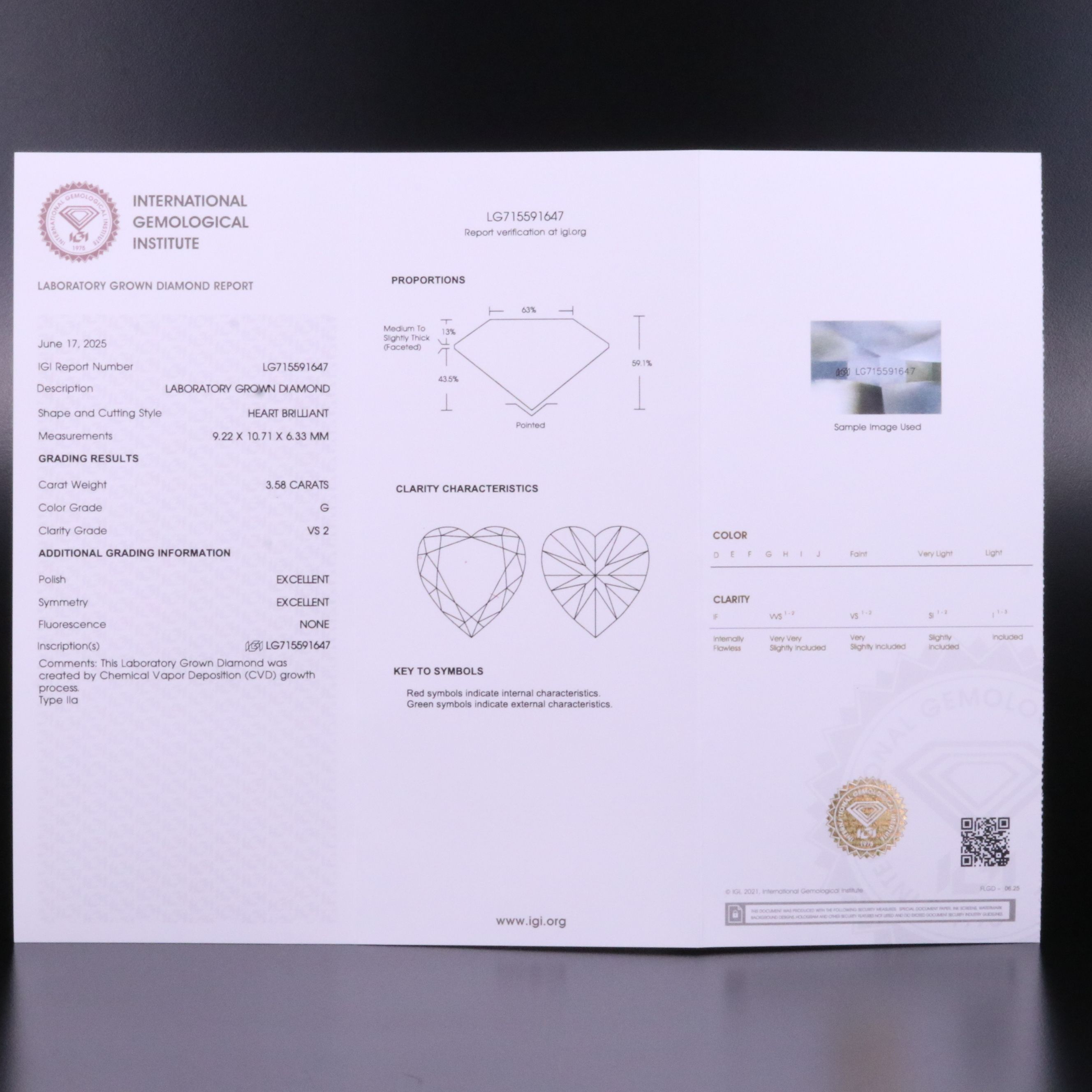 Loose 3.58 CT Lab Grown Diamond with IGI Report