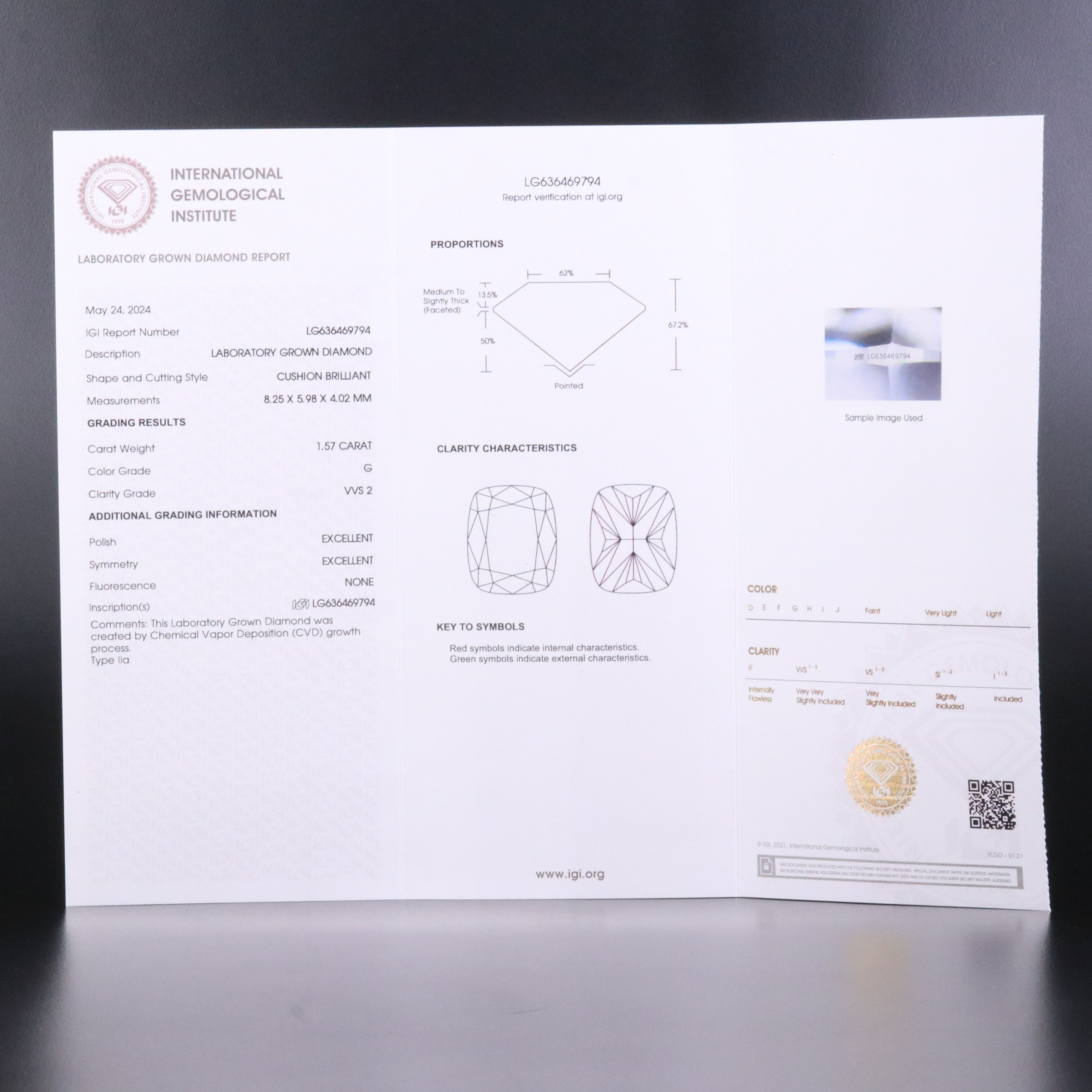 Loose 1.57 CT Lab Grown Diamond with IGI Report