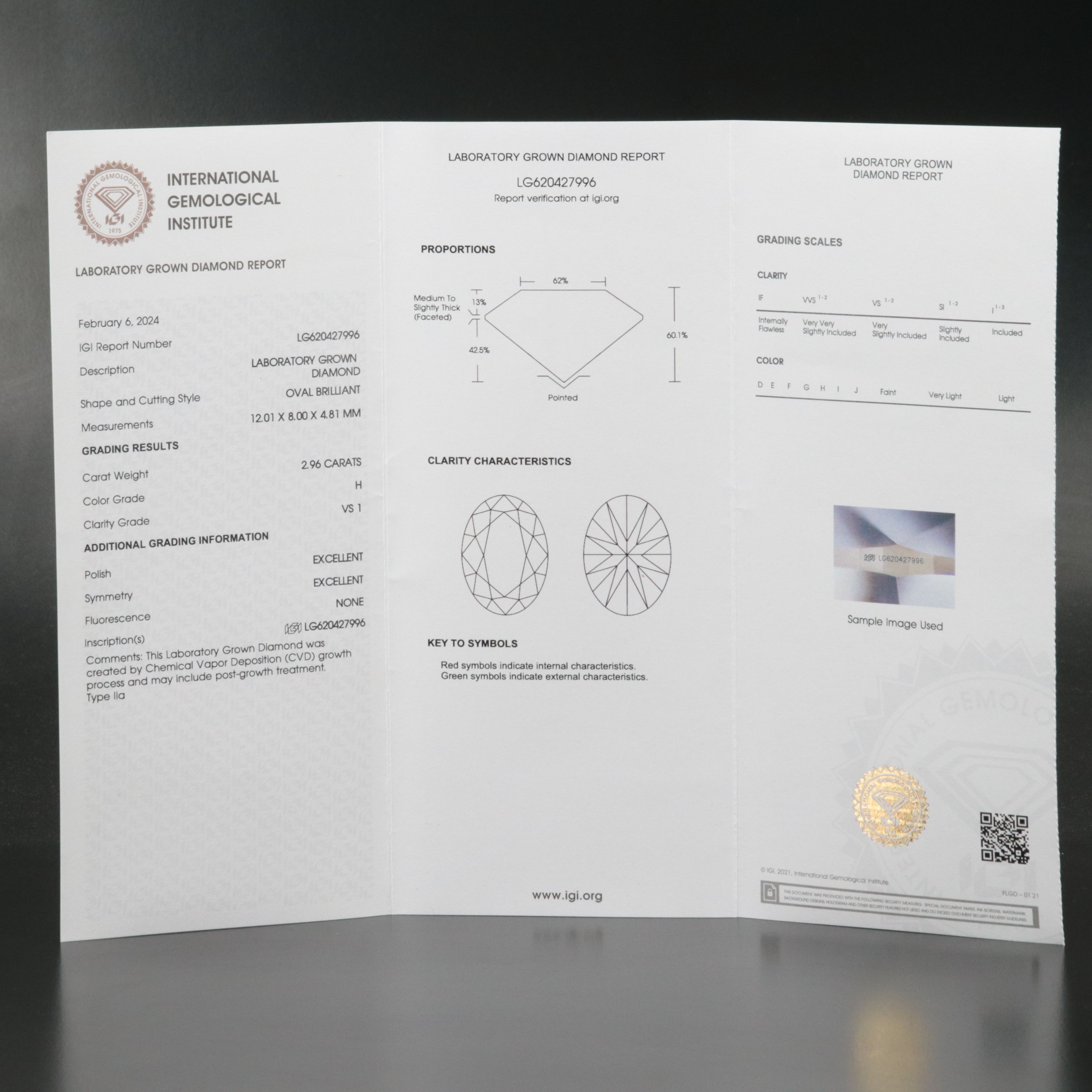Loose 2.96 CT Lab Grown Diamond with IGI Report