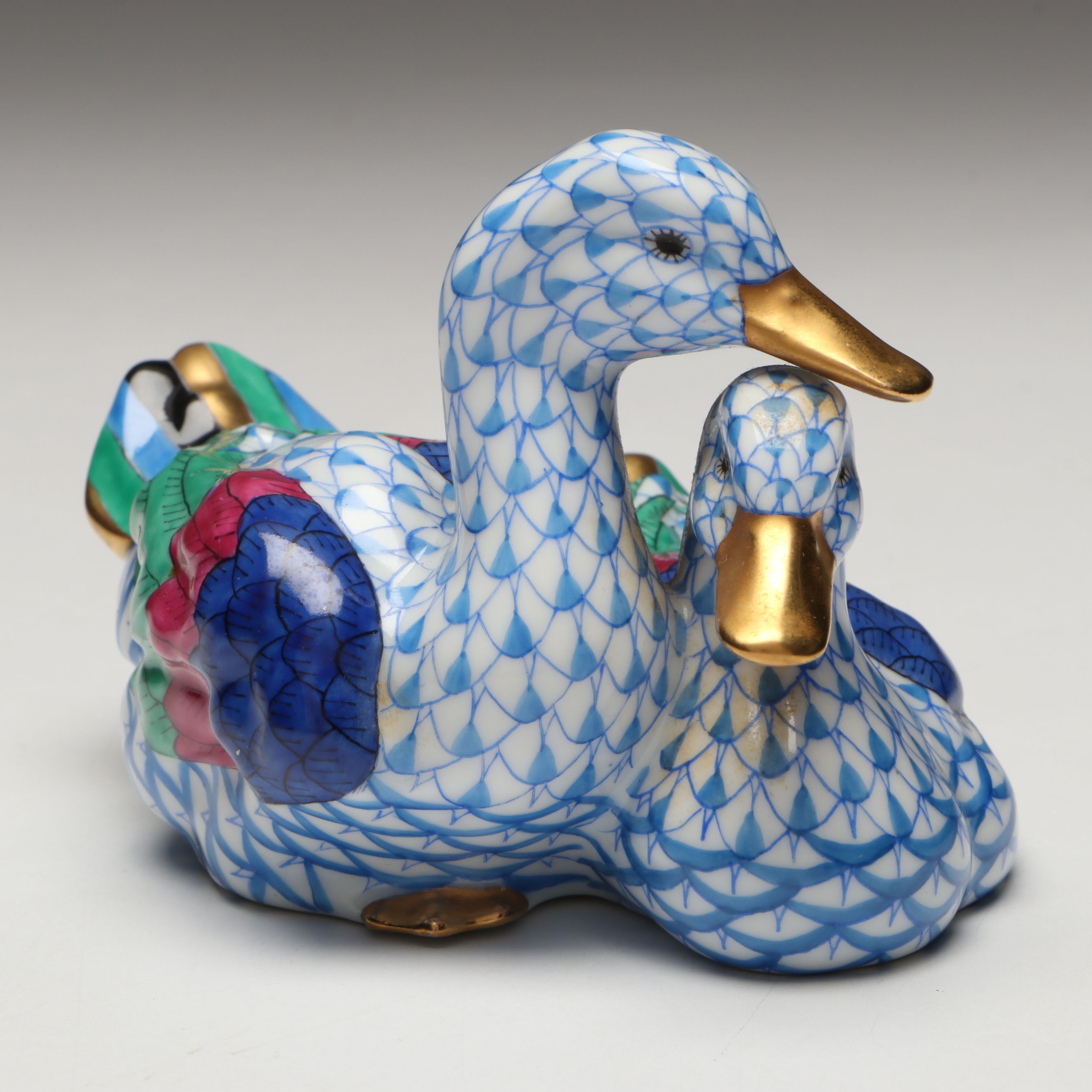 Herend Sapphire Fishnet with Gold "Pair of Ducks" Porcelain Figurine