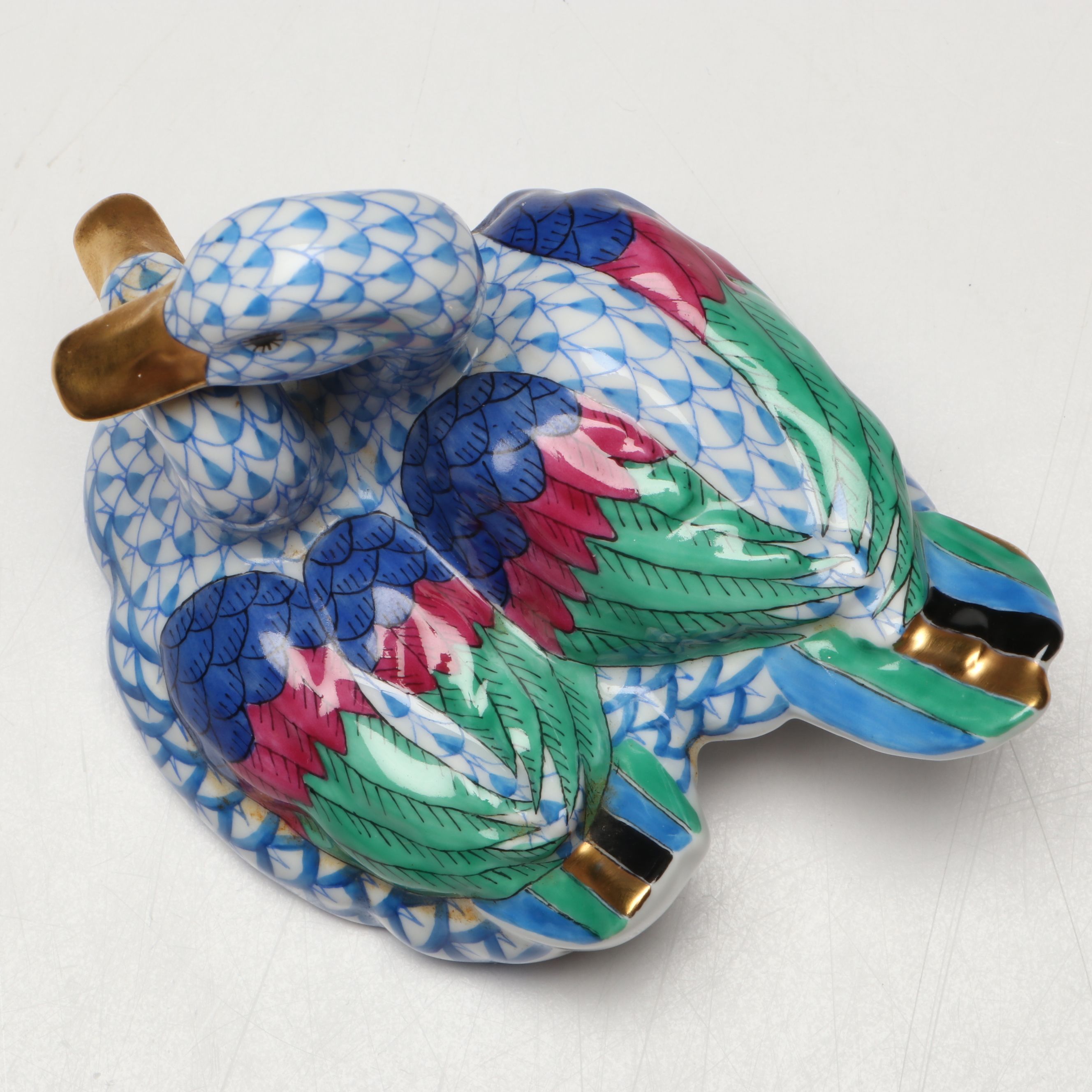 Herend Sapphire Fishnet with Gold "Pair of Ducks" Porcelain Figurine