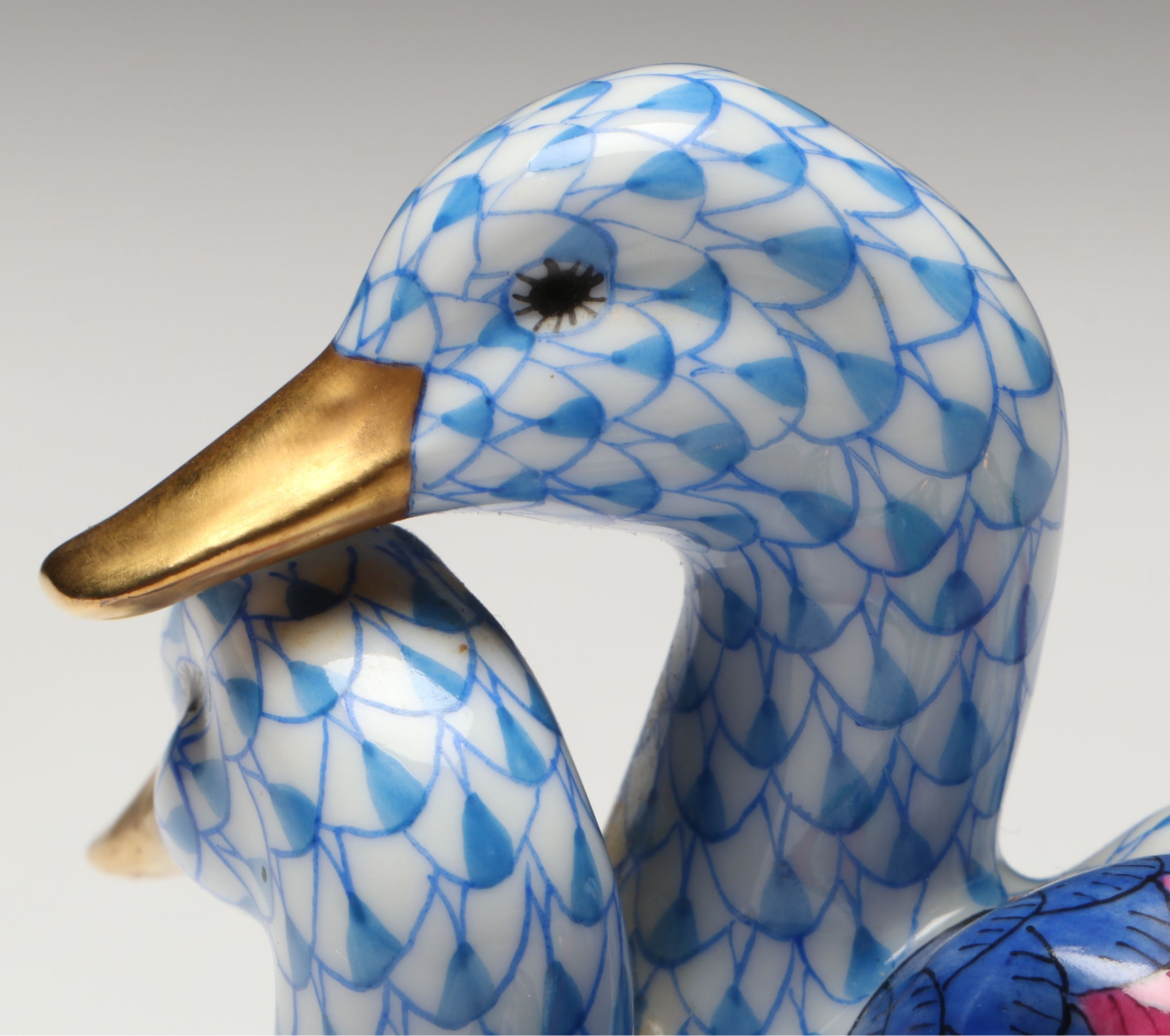Herend Sapphire Fishnet with Gold "Pair of Ducks" Porcelain Figurine