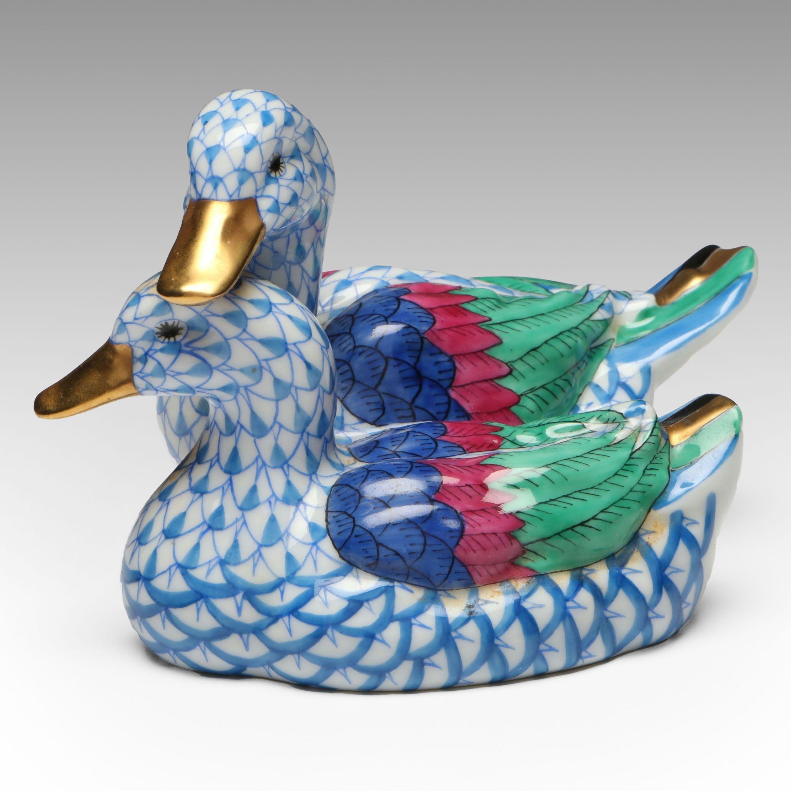 Herend Sapphire Fishnet with Gold "Pair of Ducks" Porcelain Figurine