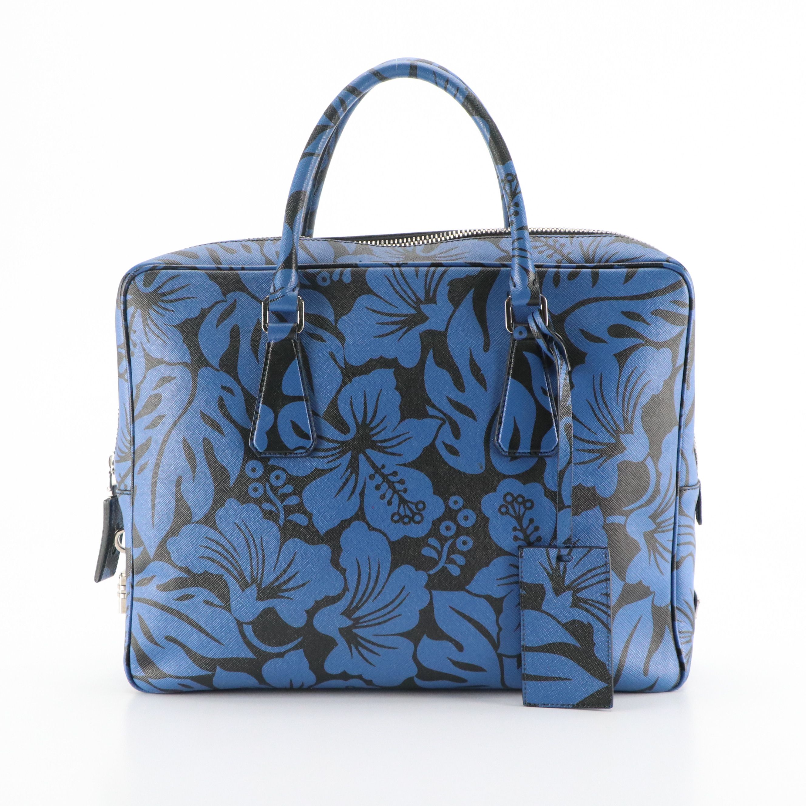 Prada Zip-Around Business Bag in Blue Hibiscus Flower Printed Saffiano Leather