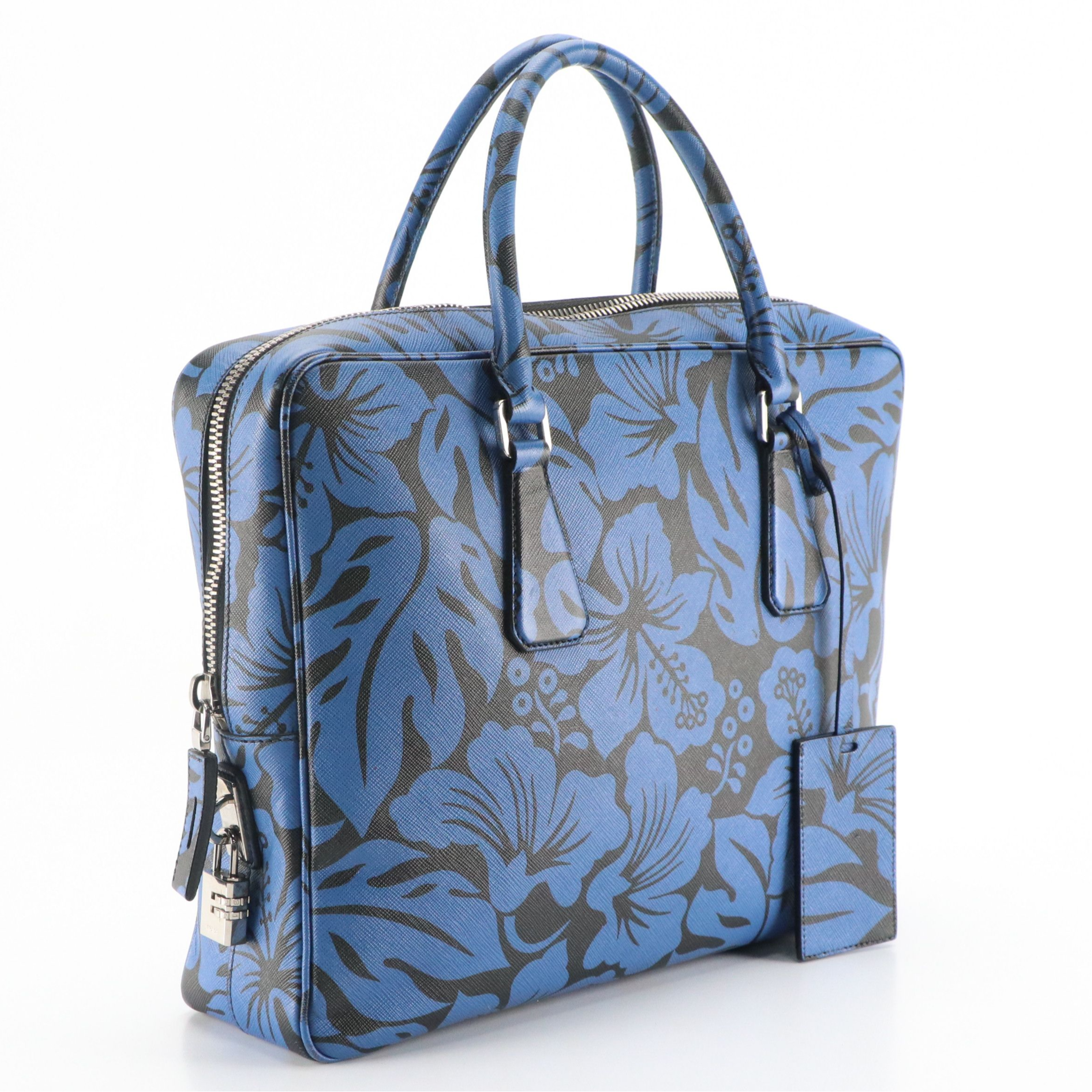 Prada Zip-Around Business Bag in Blue Hibiscus Flower Printed Saffiano Leather