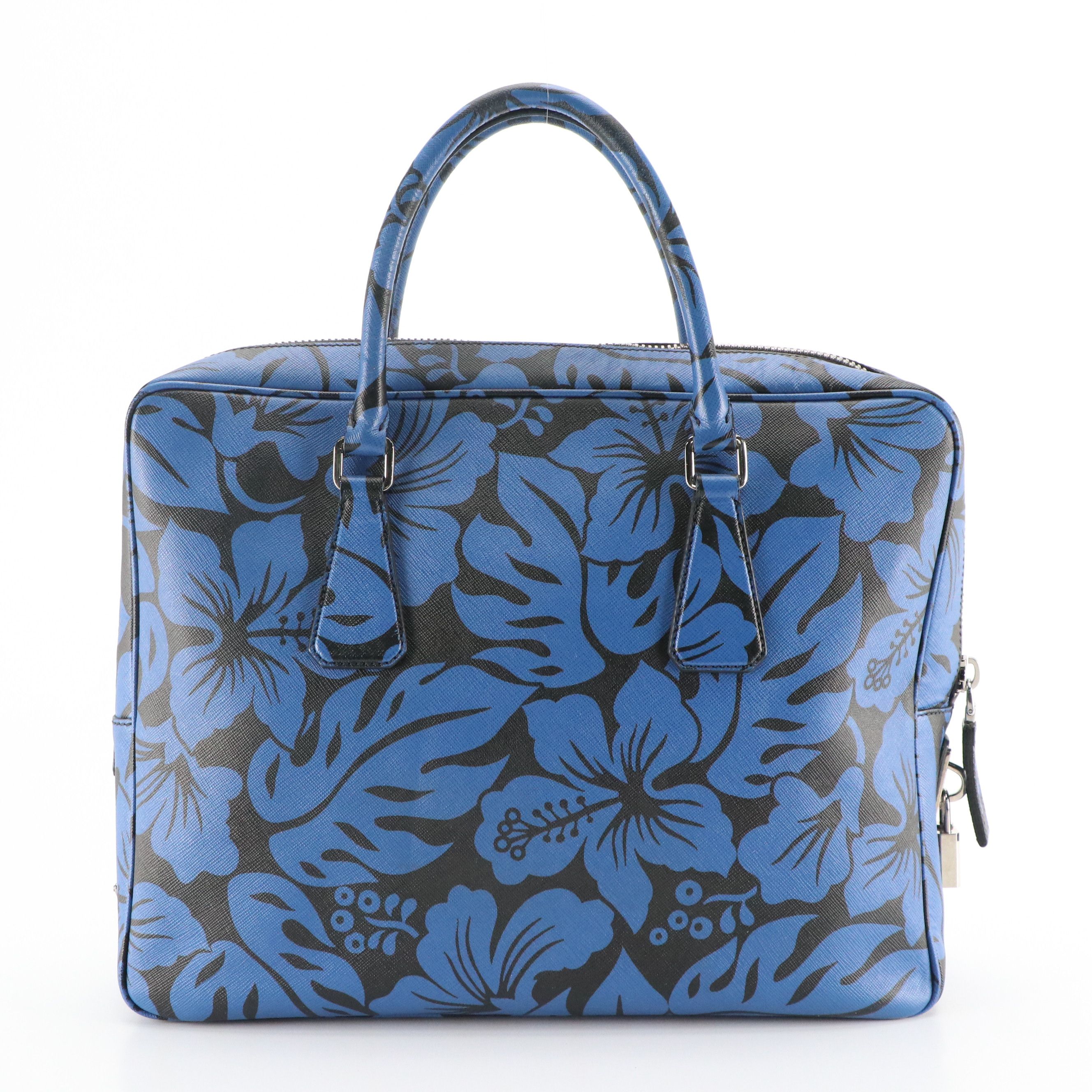 Prada Zip-Around Business Bag in Blue Hibiscus Flower Printed Saffiano Leather