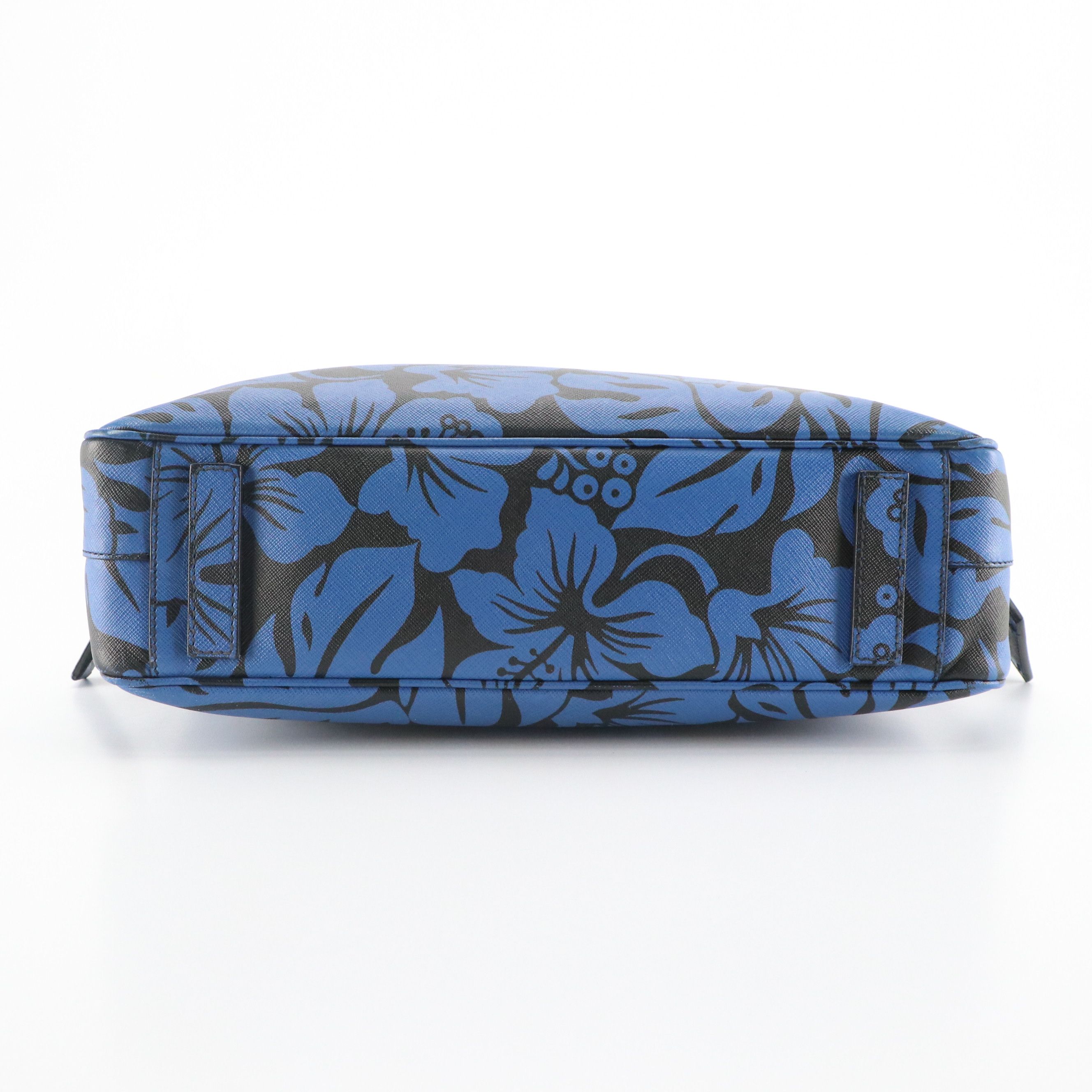 Prada Zip-Around Business Bag in Blue Hibiscus Flower Printed Saffiano Leather