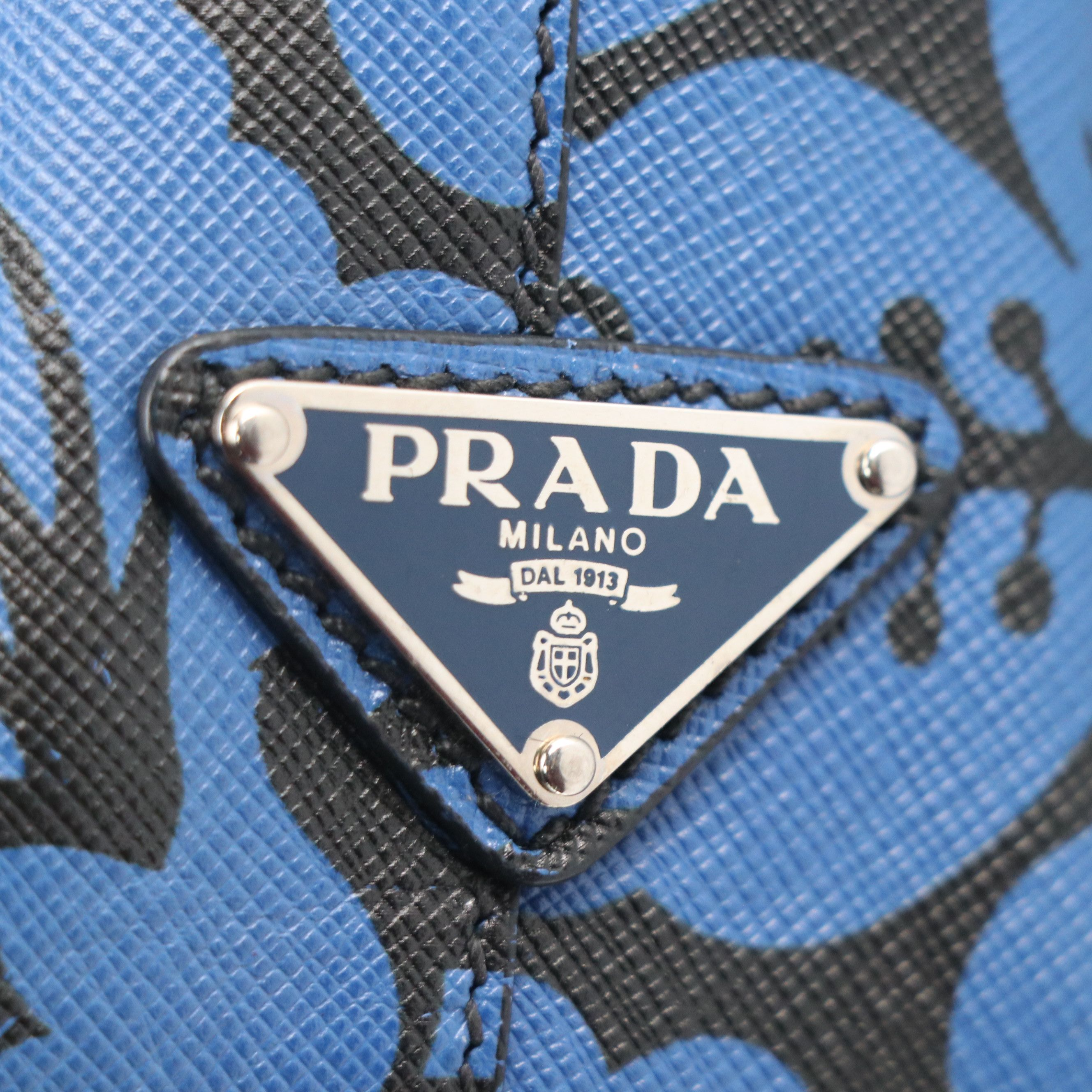 Prada Zip-Around Business Bag in Blue Hibiscus Flower Printed Saffiano Leather