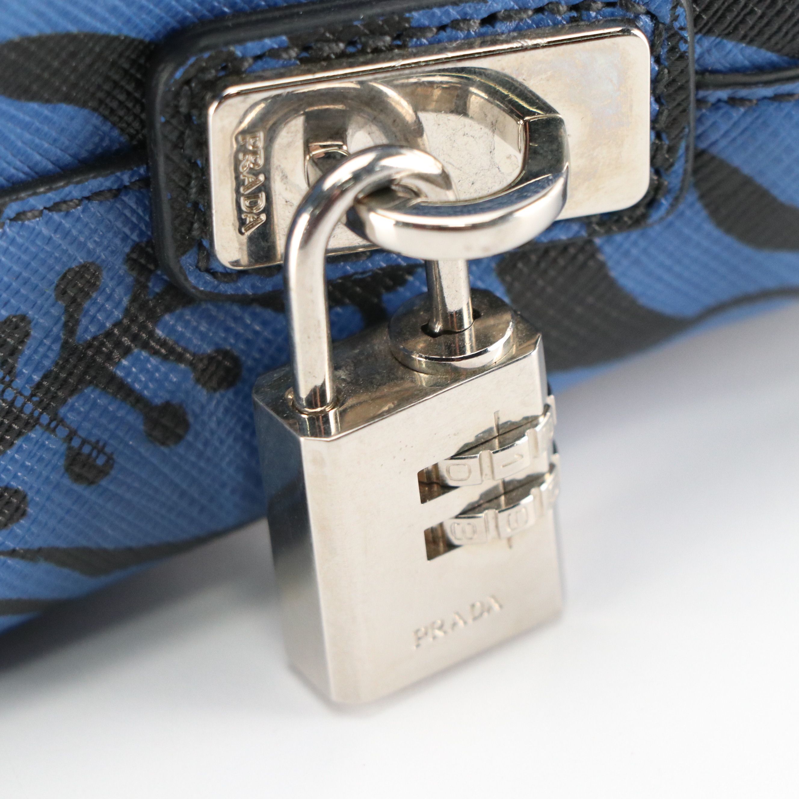 Prada Zip-Around Business Bag in Blue Hibiscus Flower Printed Saffiano Leather