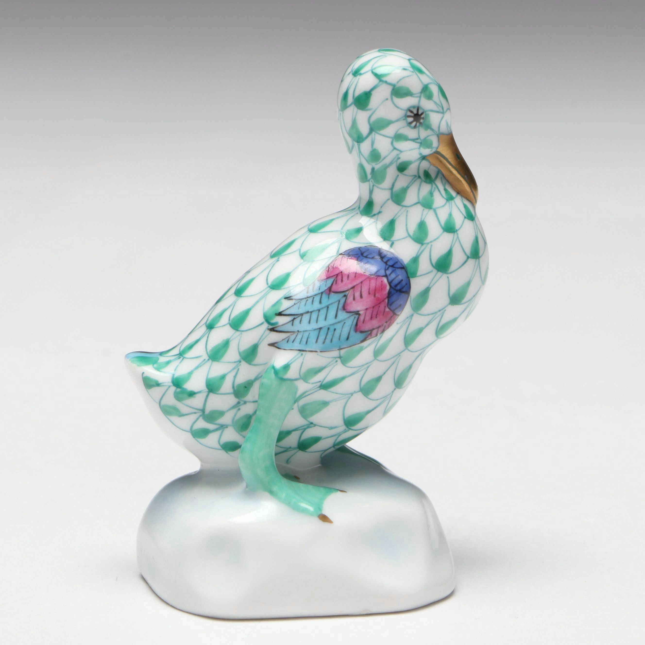 Herend Green Fishnet with Gold "Duck" Porcelain Figurine