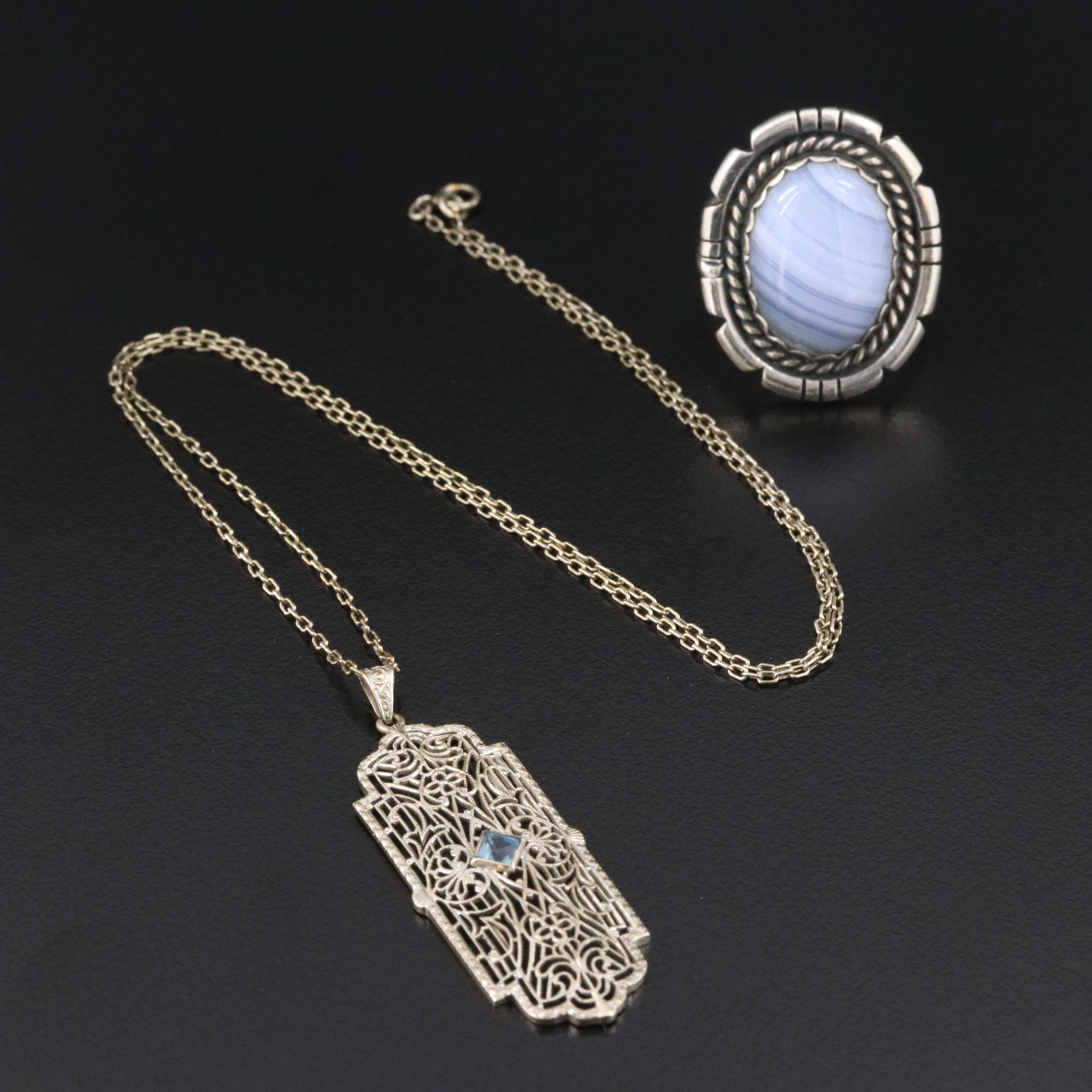 Art Deco Kohn & Co. 10K Aquamarine Necklace & Southwestern Sterling Agate Ring