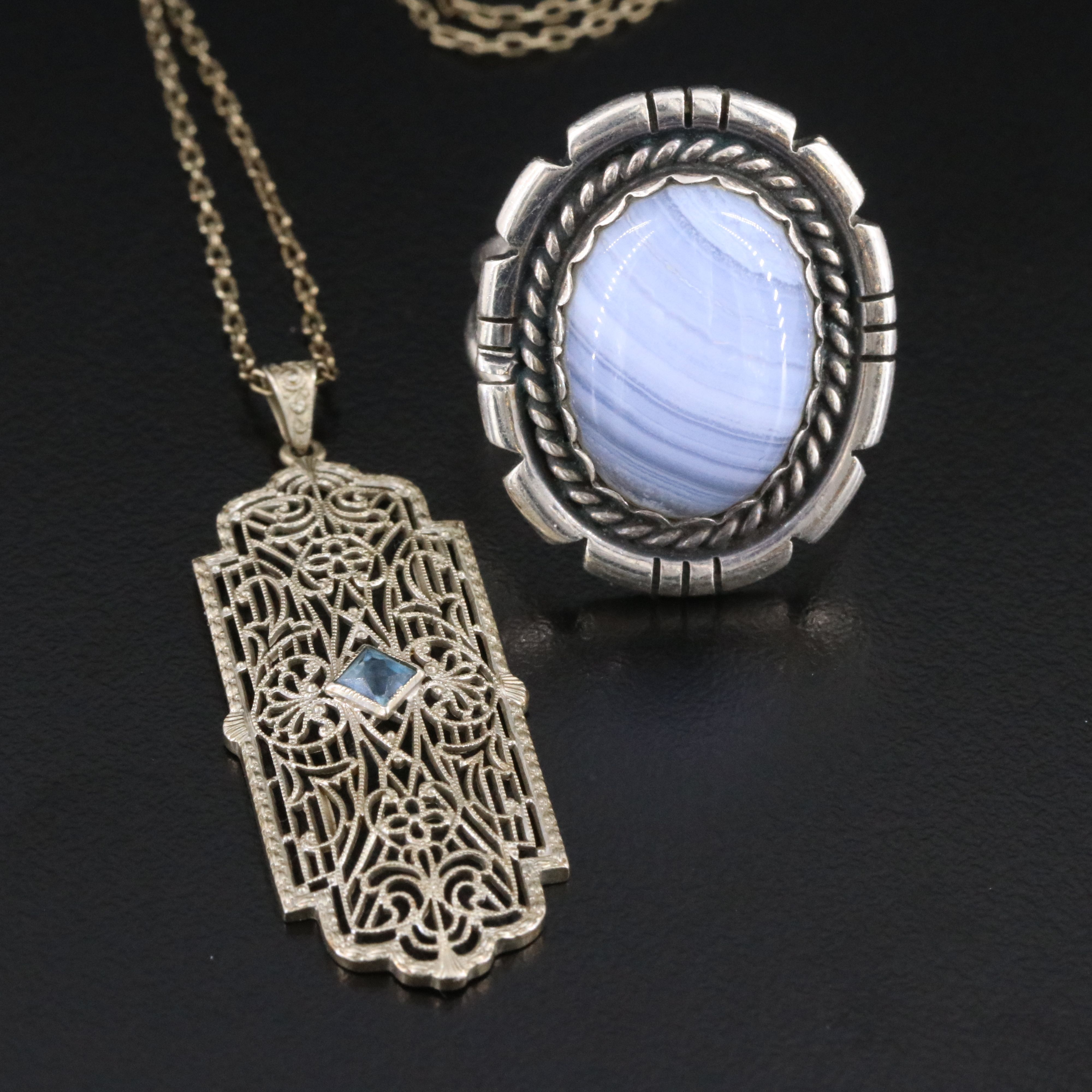 Art Deco Kohn & Co. 10K Aquamarine Necklace & Southwestern Sterling Agate Ring