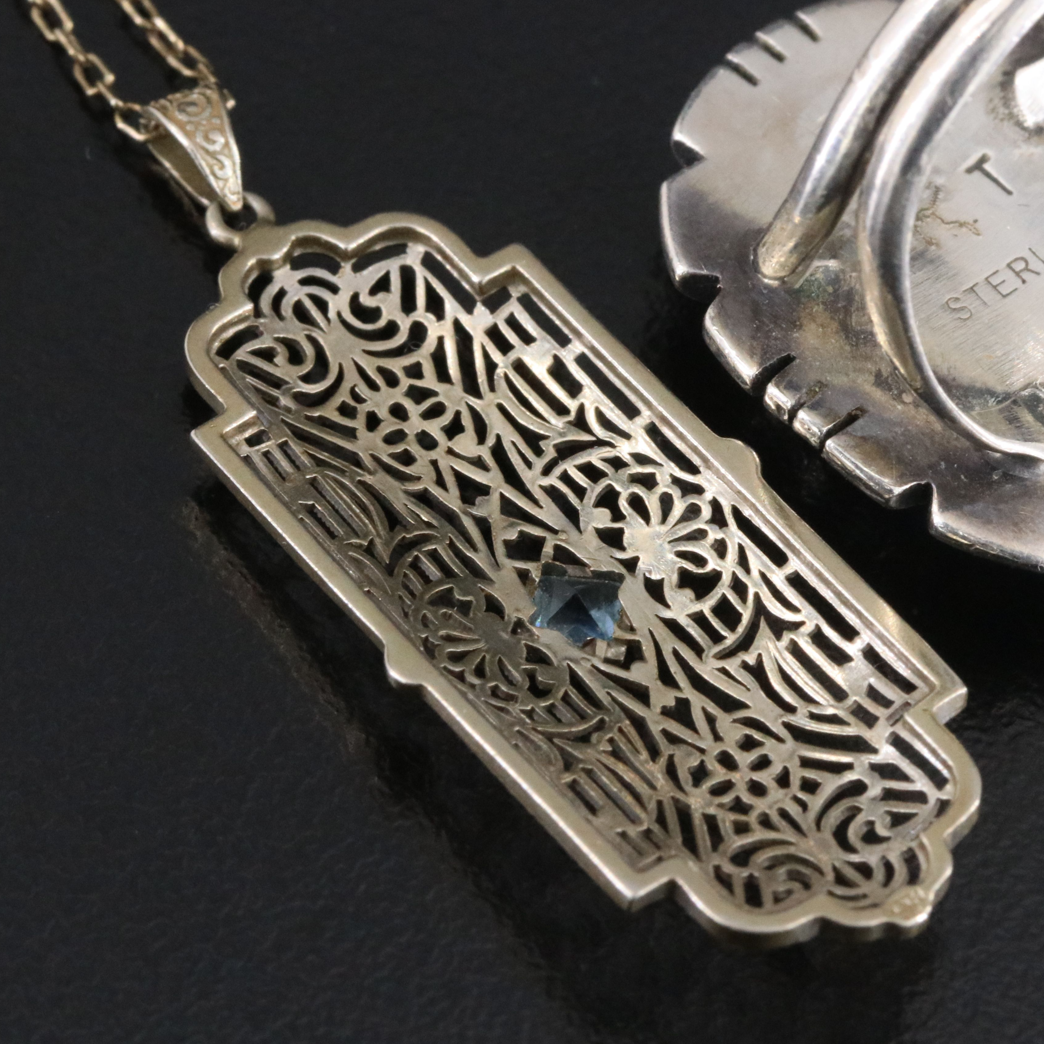 Art Deco Kohn & Co. 10K Aquamarine Necklace & Southwestern Sterling Agate Ring