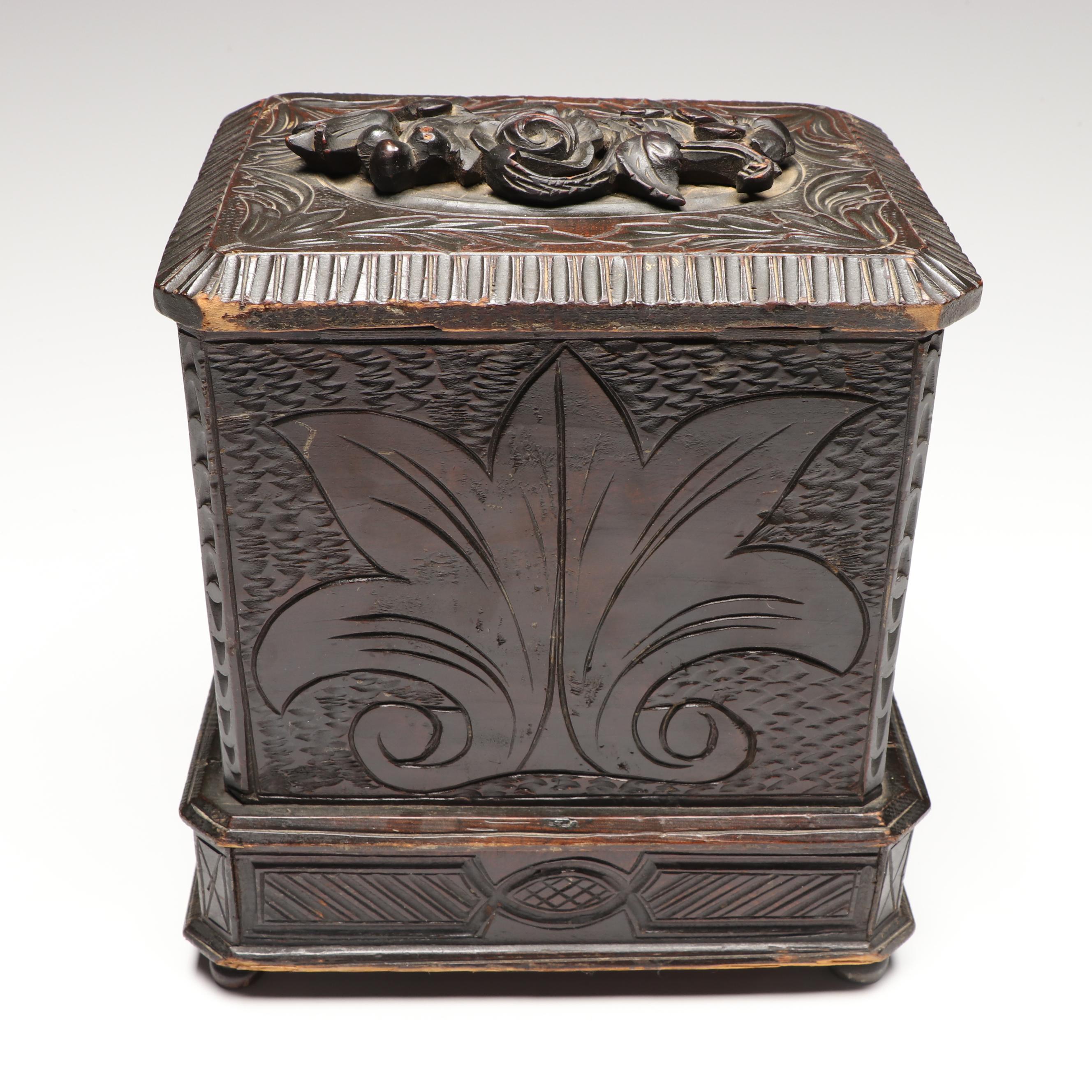 Black Forest Style Carved Wood Box, Late 19th Century