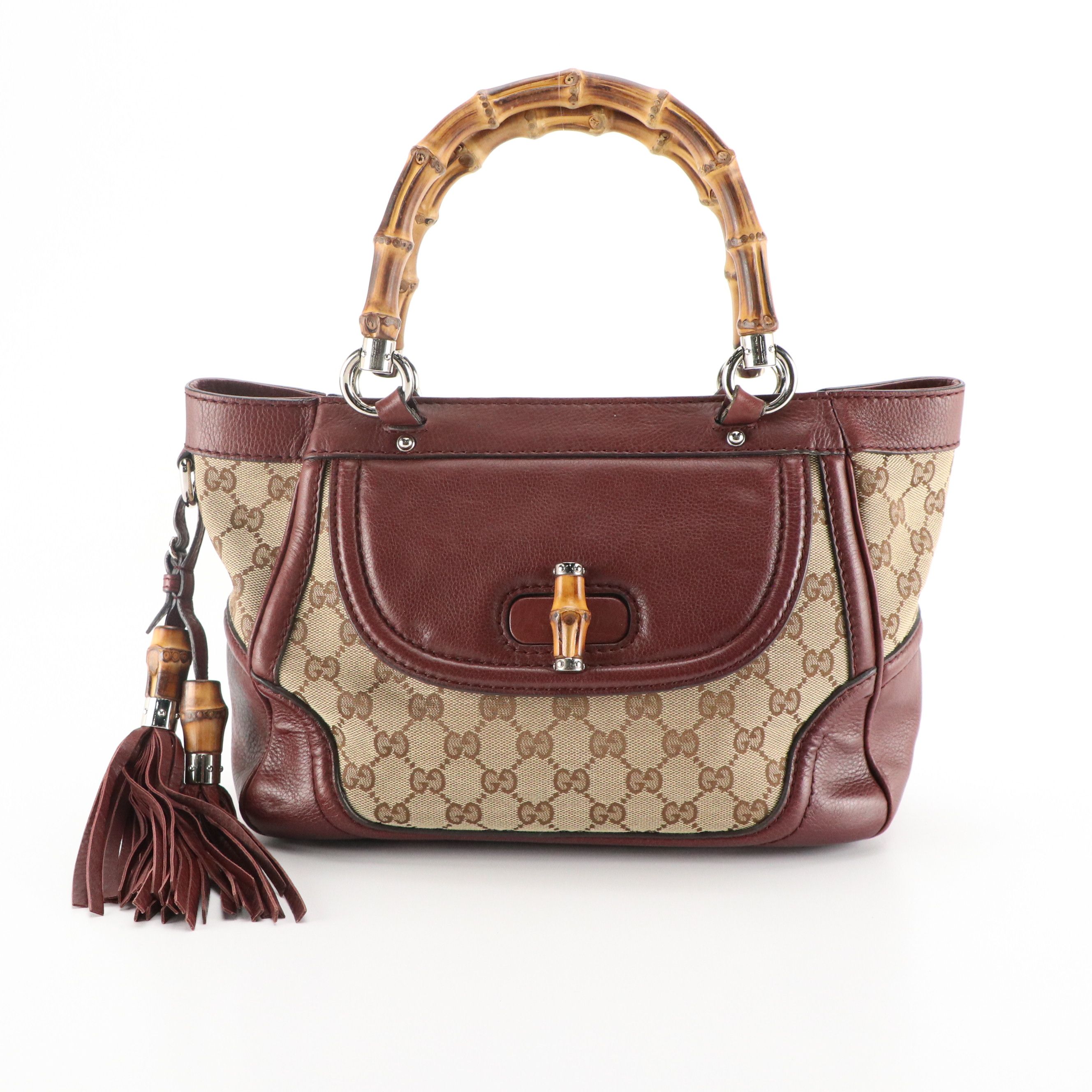 Gucci Bamboo Handle Front Pocket Bag in GG Canvas in Burgundy Calfskin Leather