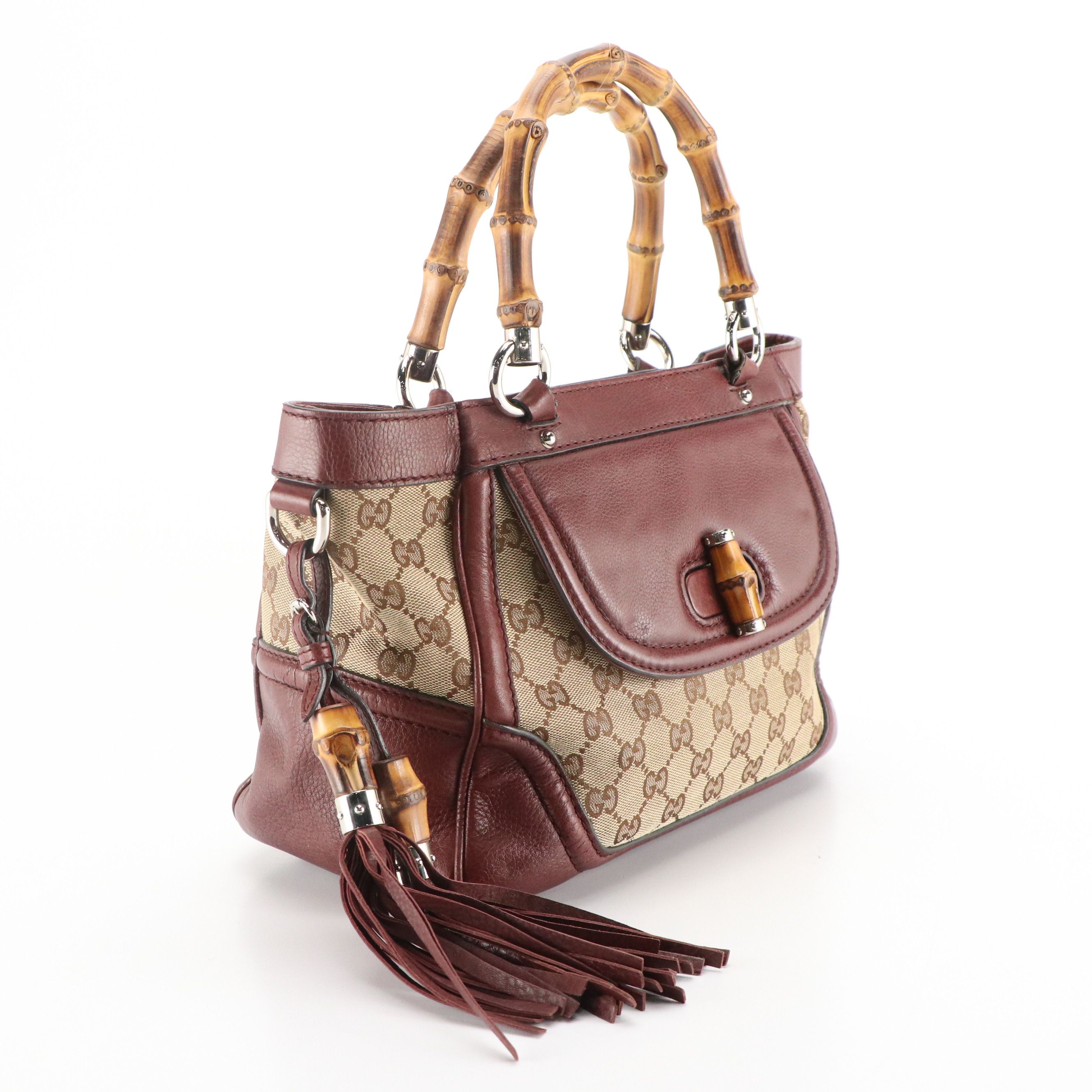 Gucci Bamboo Handle Front Pocket Bag in GG Canvas in Burgundy Calfskin Leather