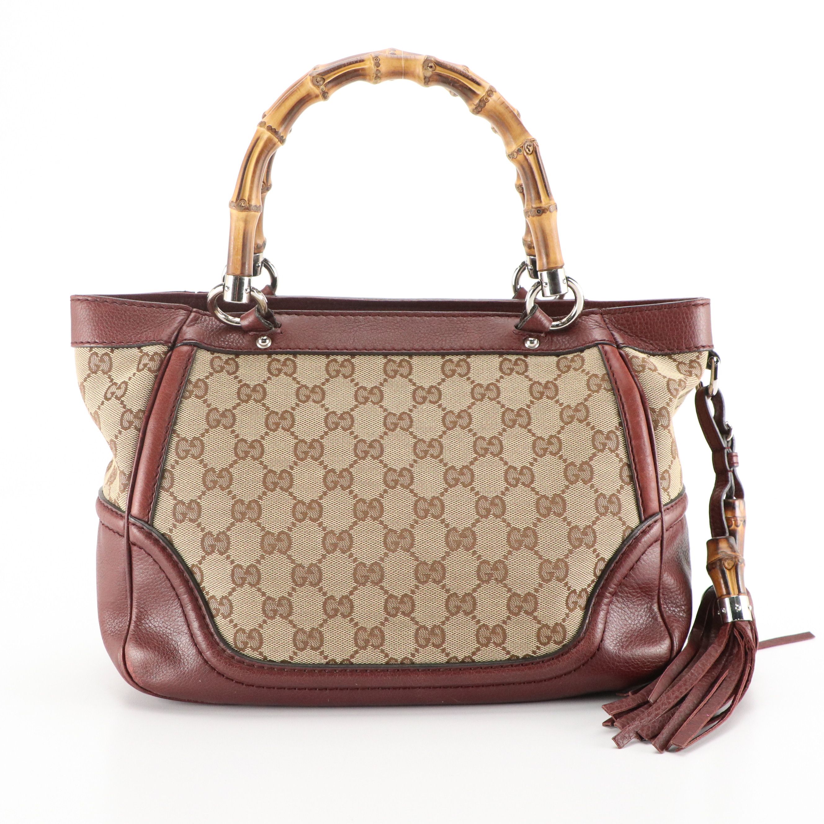 Gucci Bamboo Handle Front Pocket Bag in GG Canvas in Burgundy Calfskin Leather