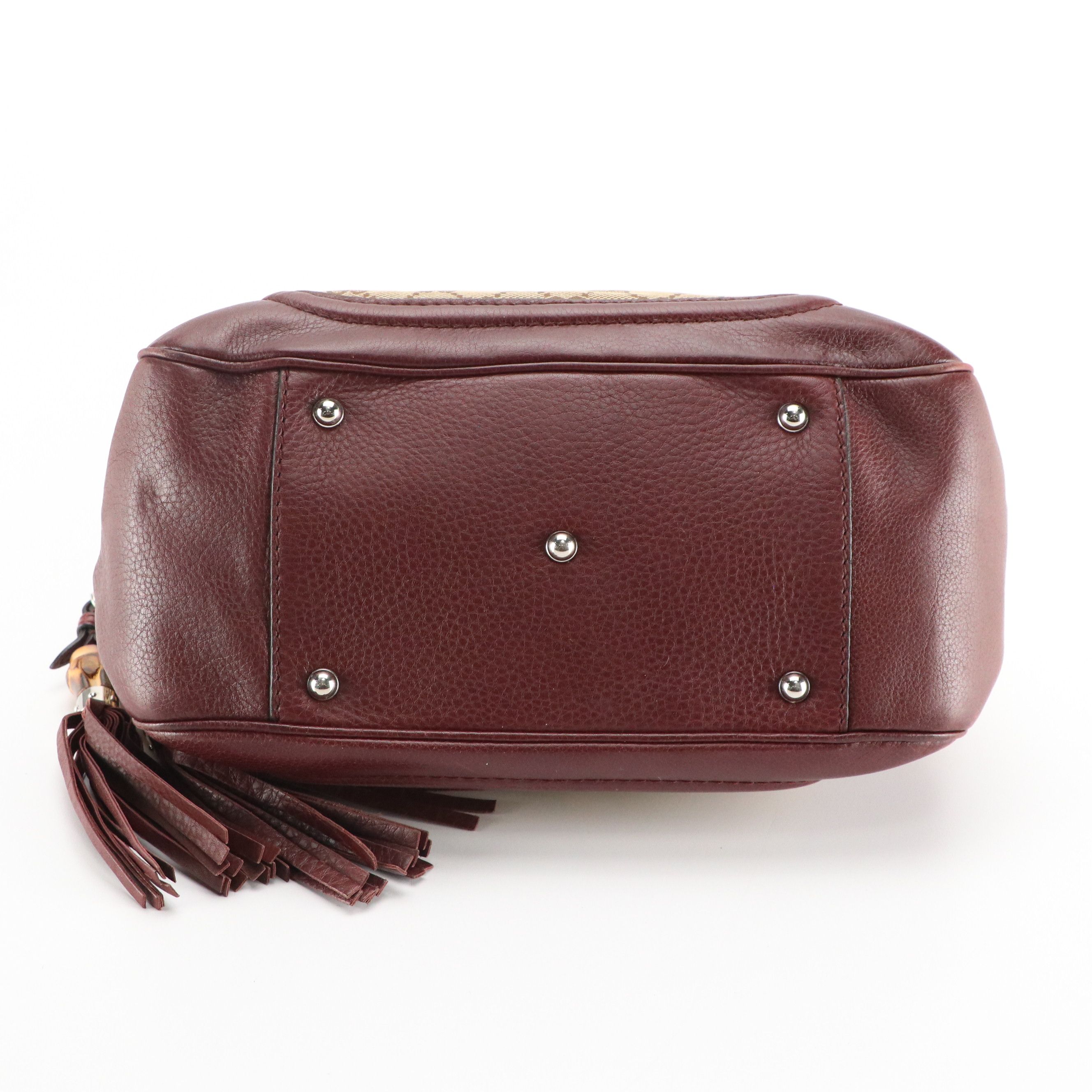 Gucci Bamboo Handle Front Pocket Bag in GG Canvas in Burgundy Calfskin Leather