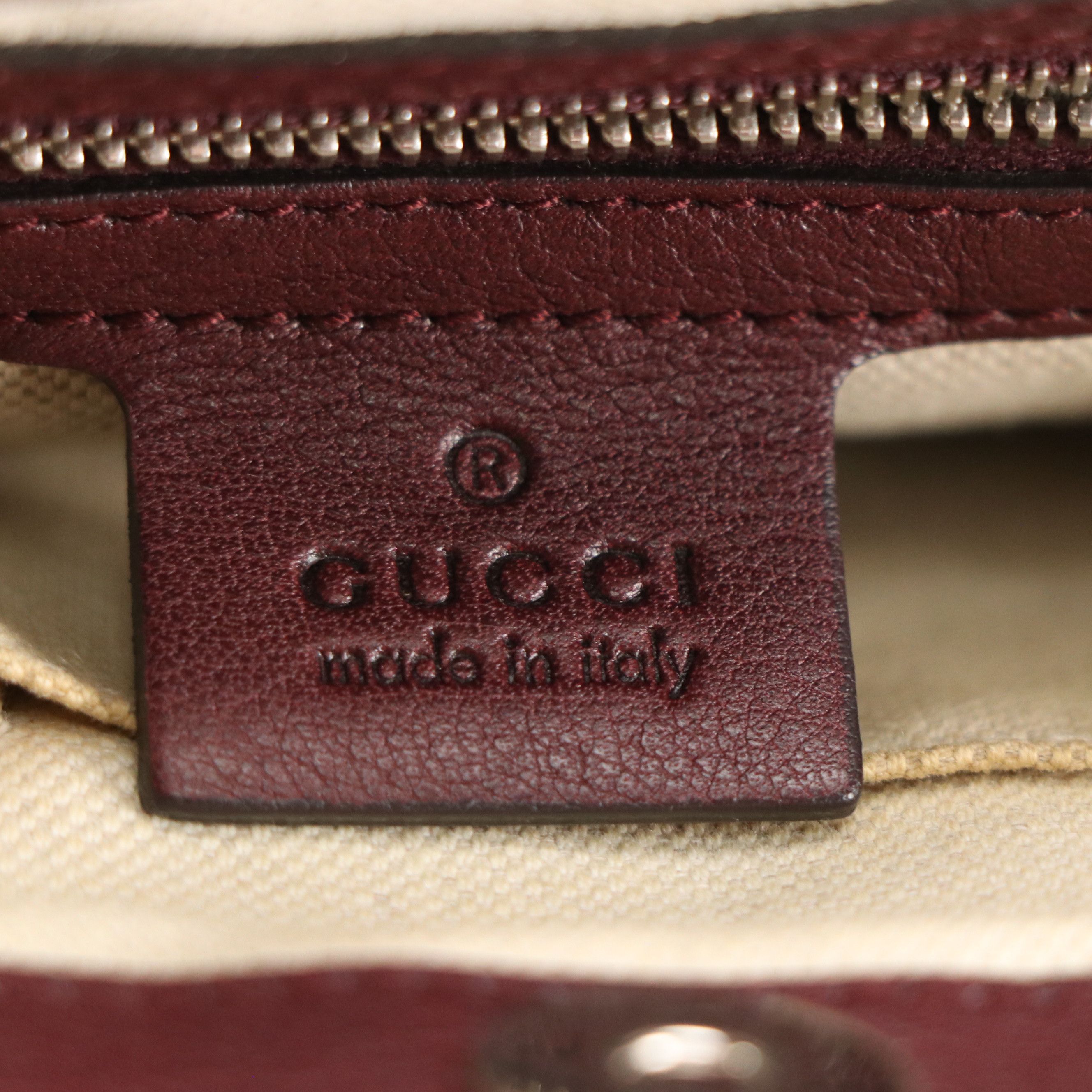 Gucci Bamboo Handle Front Pocket Bag in GG Canvas in Burgundy Calfskin Leather