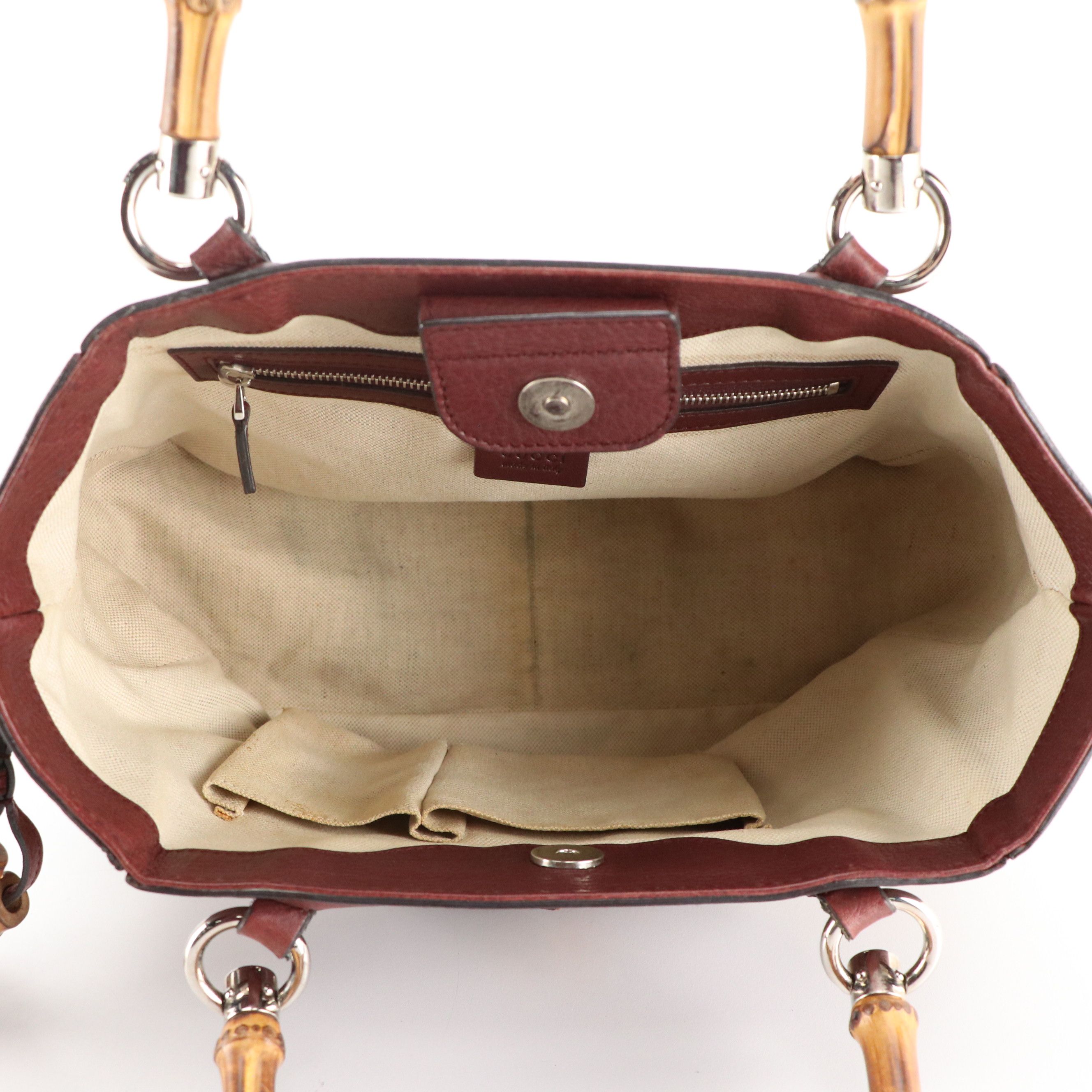 Gucci Bamboo Handle Front Pocket Bag in GG Canvas in Burgundy Calfskin Leather