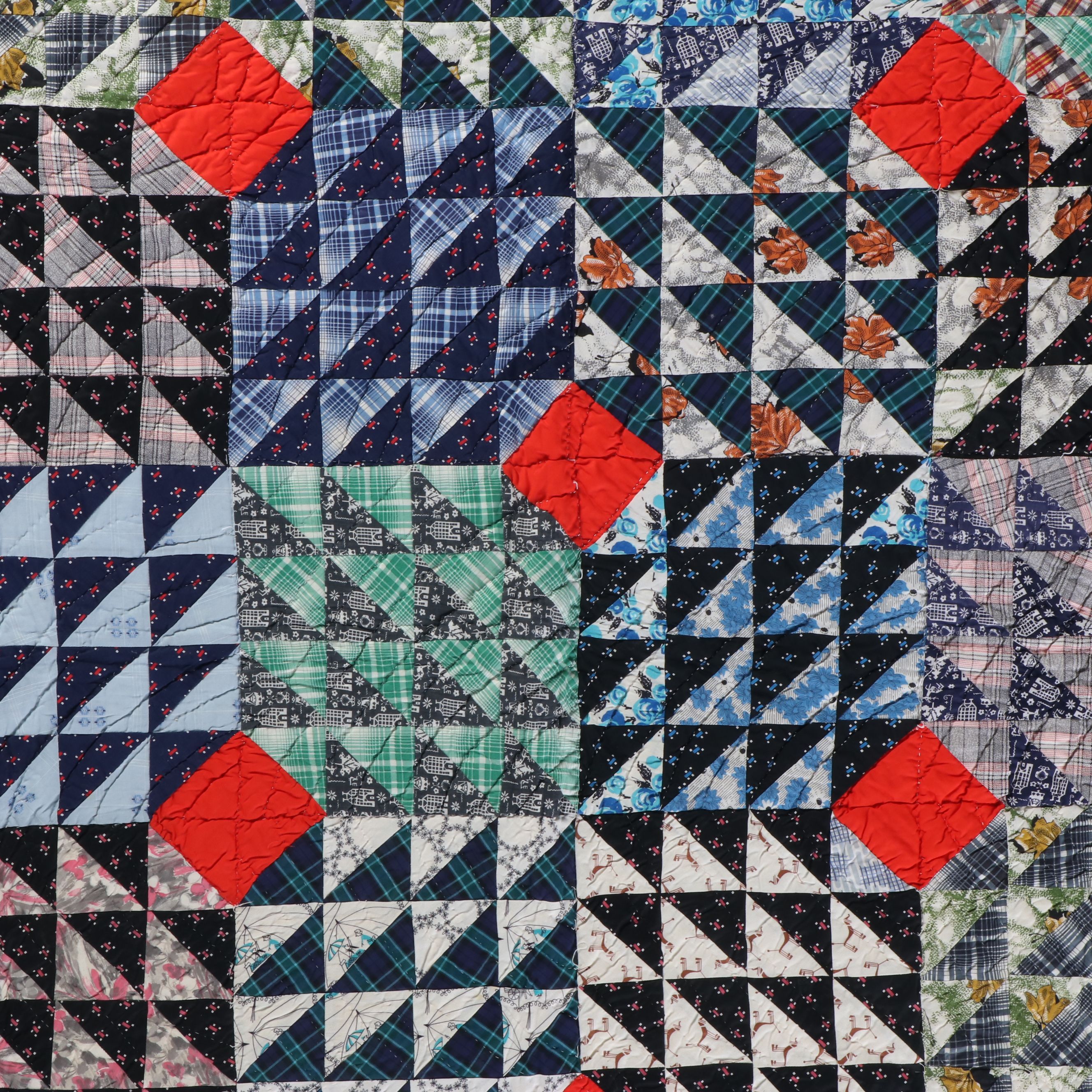 Hand-Pieced "Half-Square Triangle" Scrappy Quilt, Mid to Late 20th Century