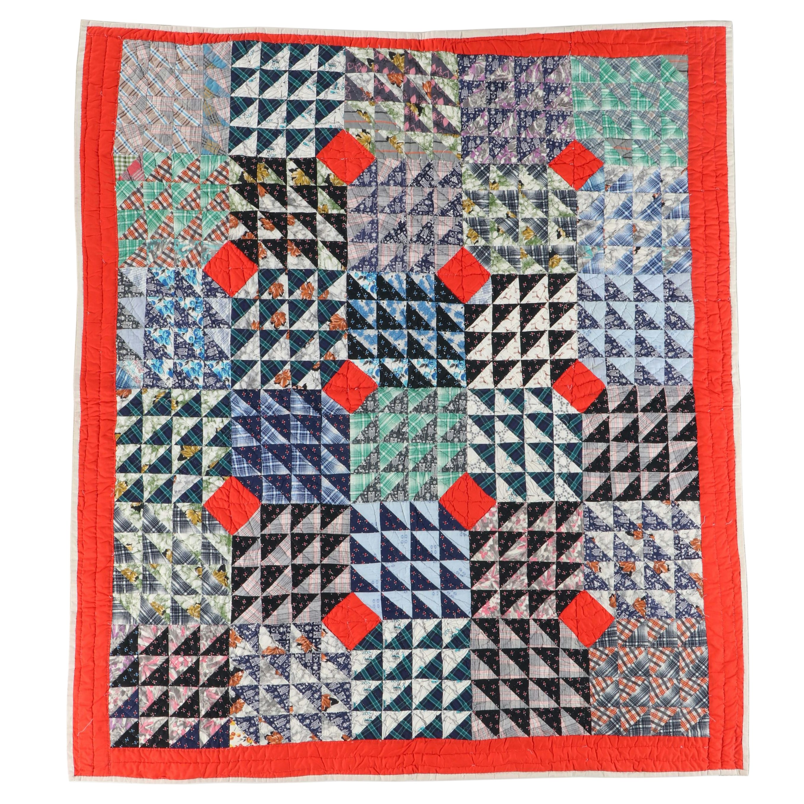 Hand-Pieced "Half-Square Triangle" Scrappy Quilt, Mid to Late 20th Century