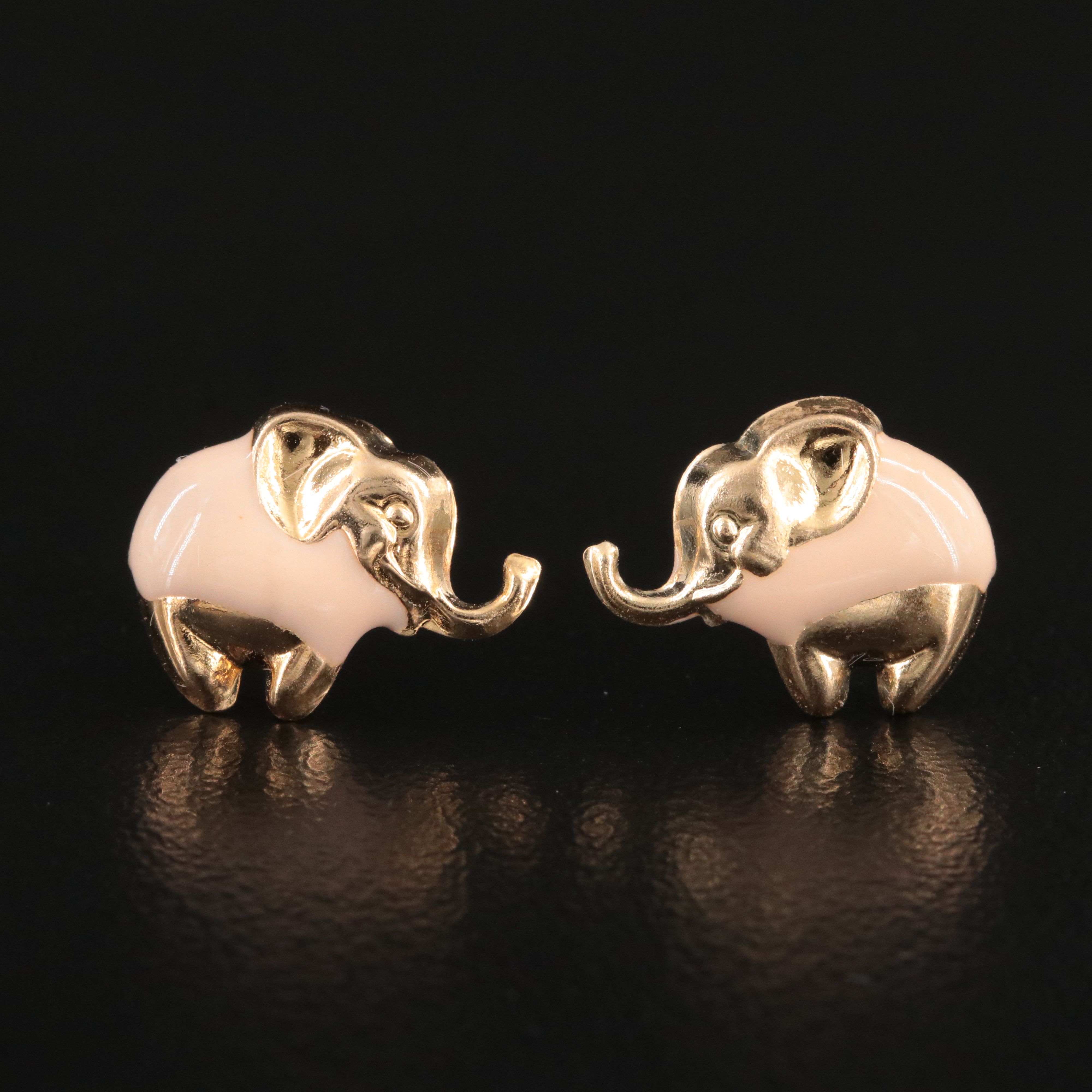 14K Enamel Elephant Stud Earrings with Plush Elephant Presentation Box