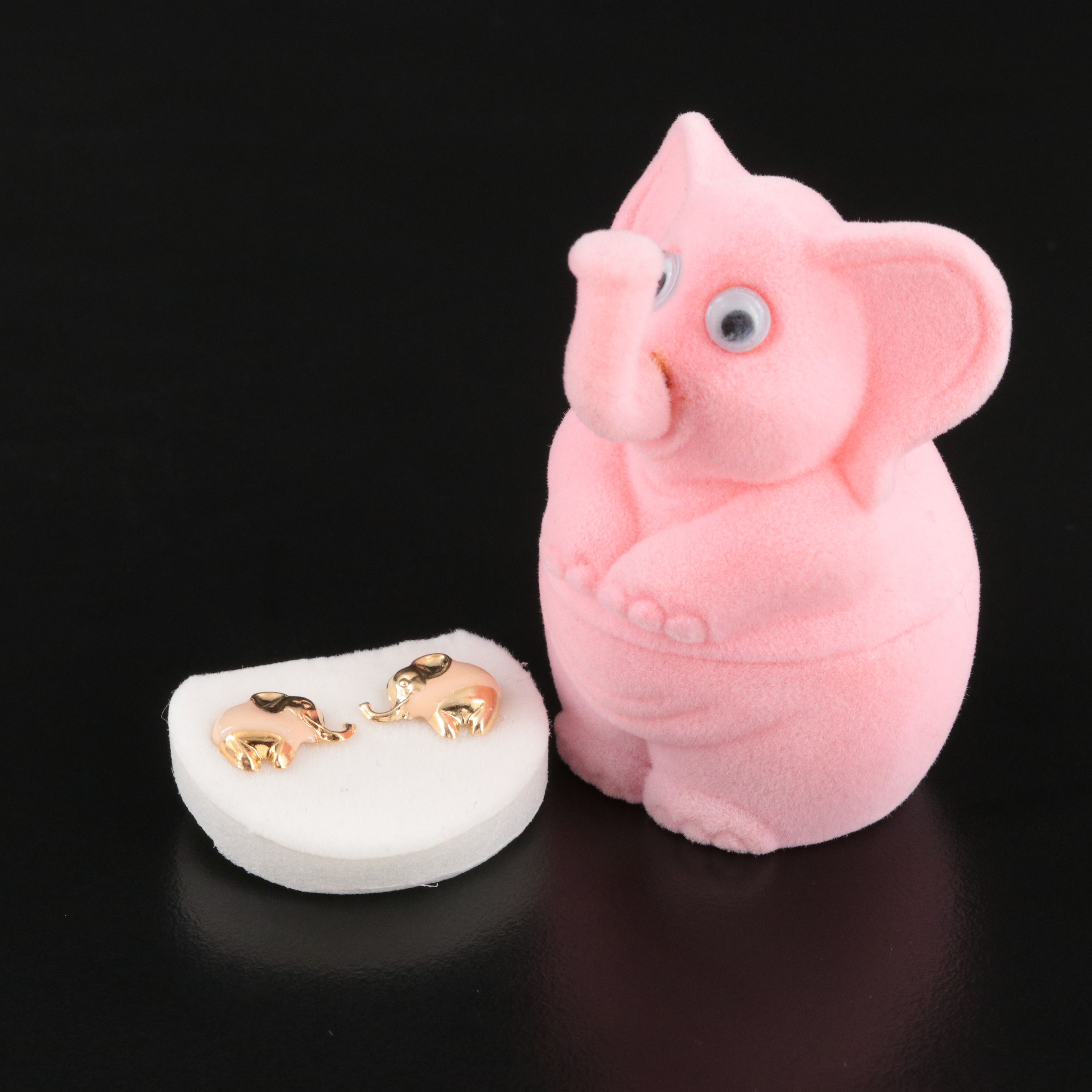 14K Enamel Elephant Stud Earrings with Plush Elephant Presentation Box