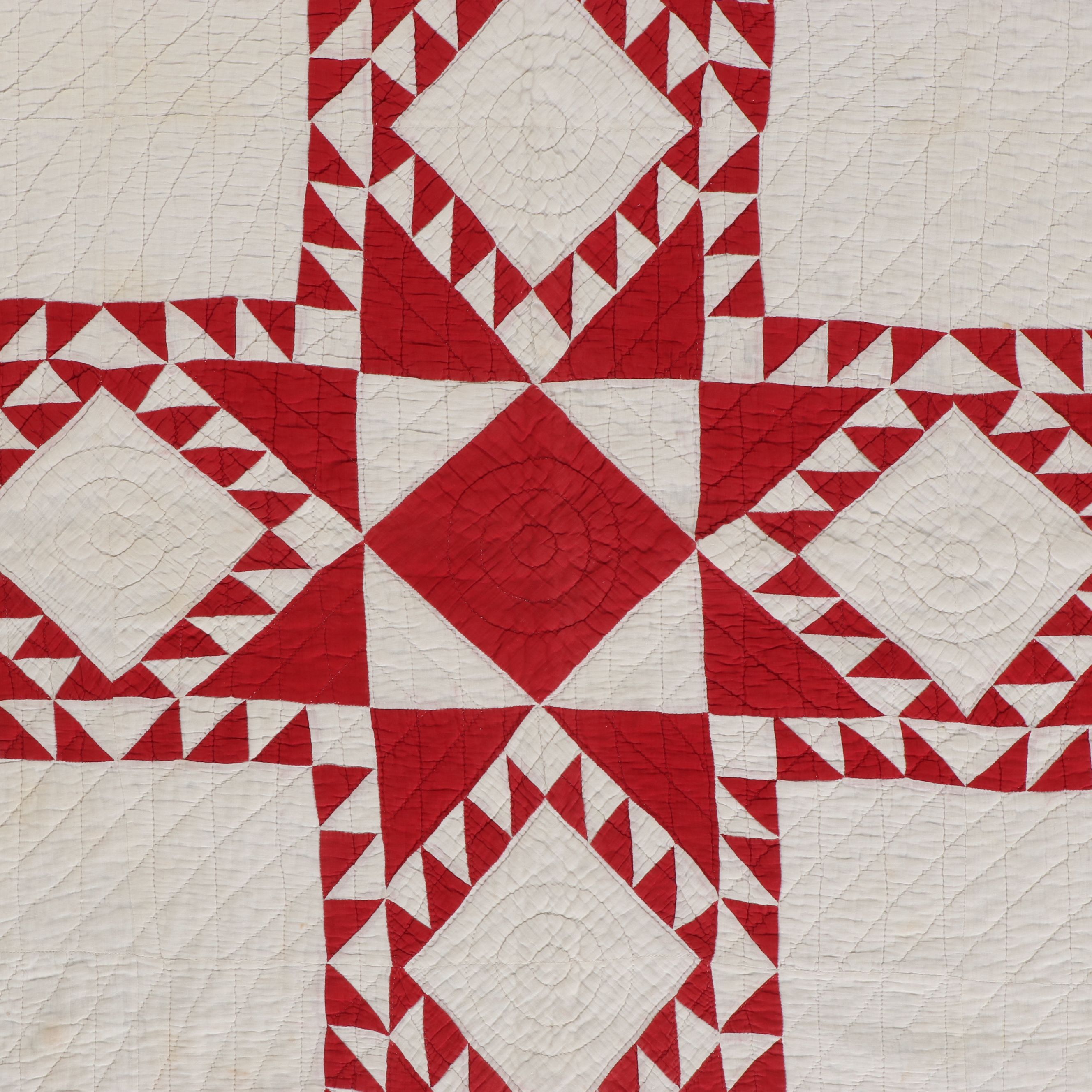 Hand-Pieced "Ohio Star" Cotton Quilt with Floral Needlework Panel