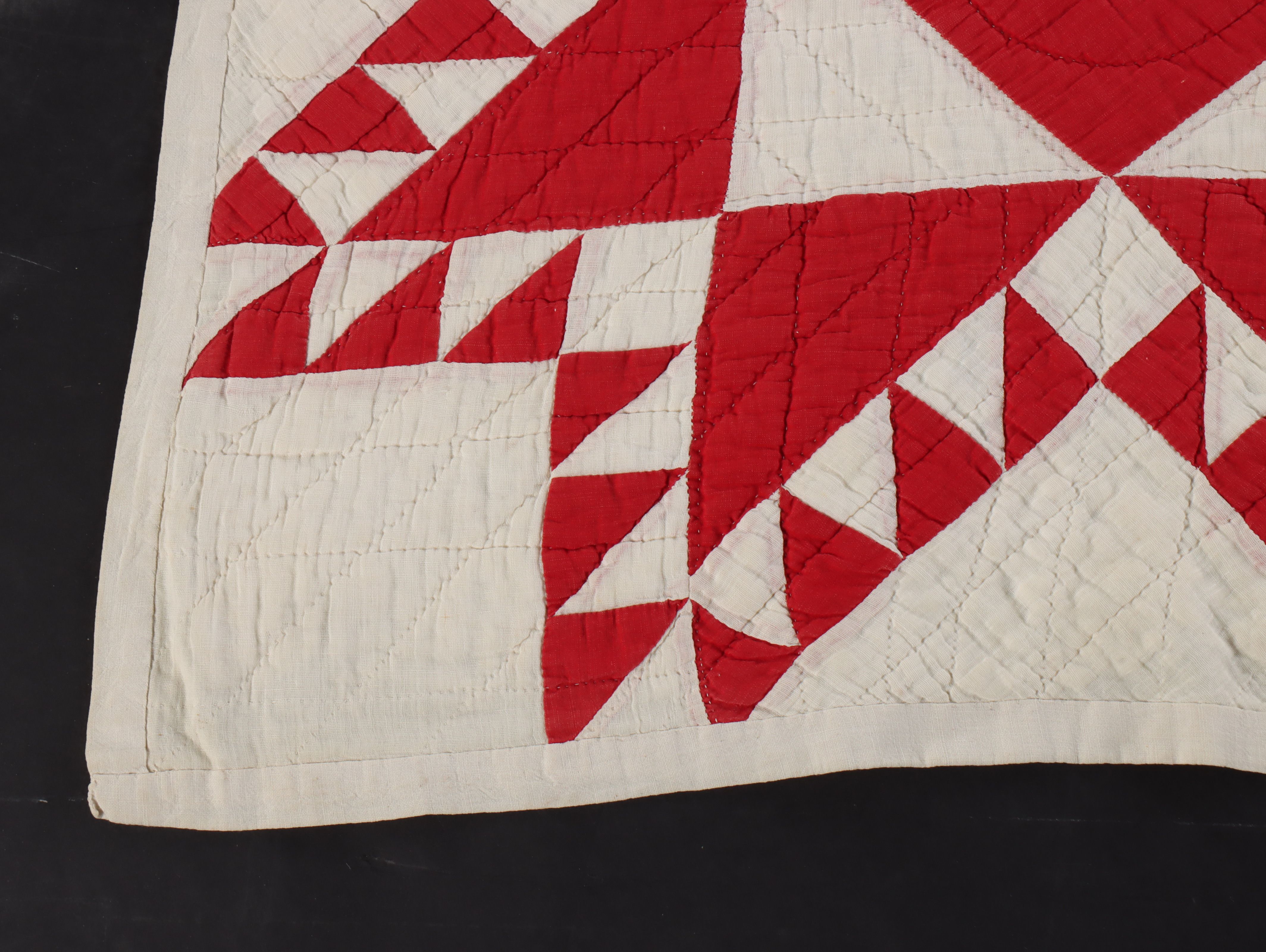 Hand-Pieced "Ohio Star" Cotton Quilt with Floral Needlework Panel