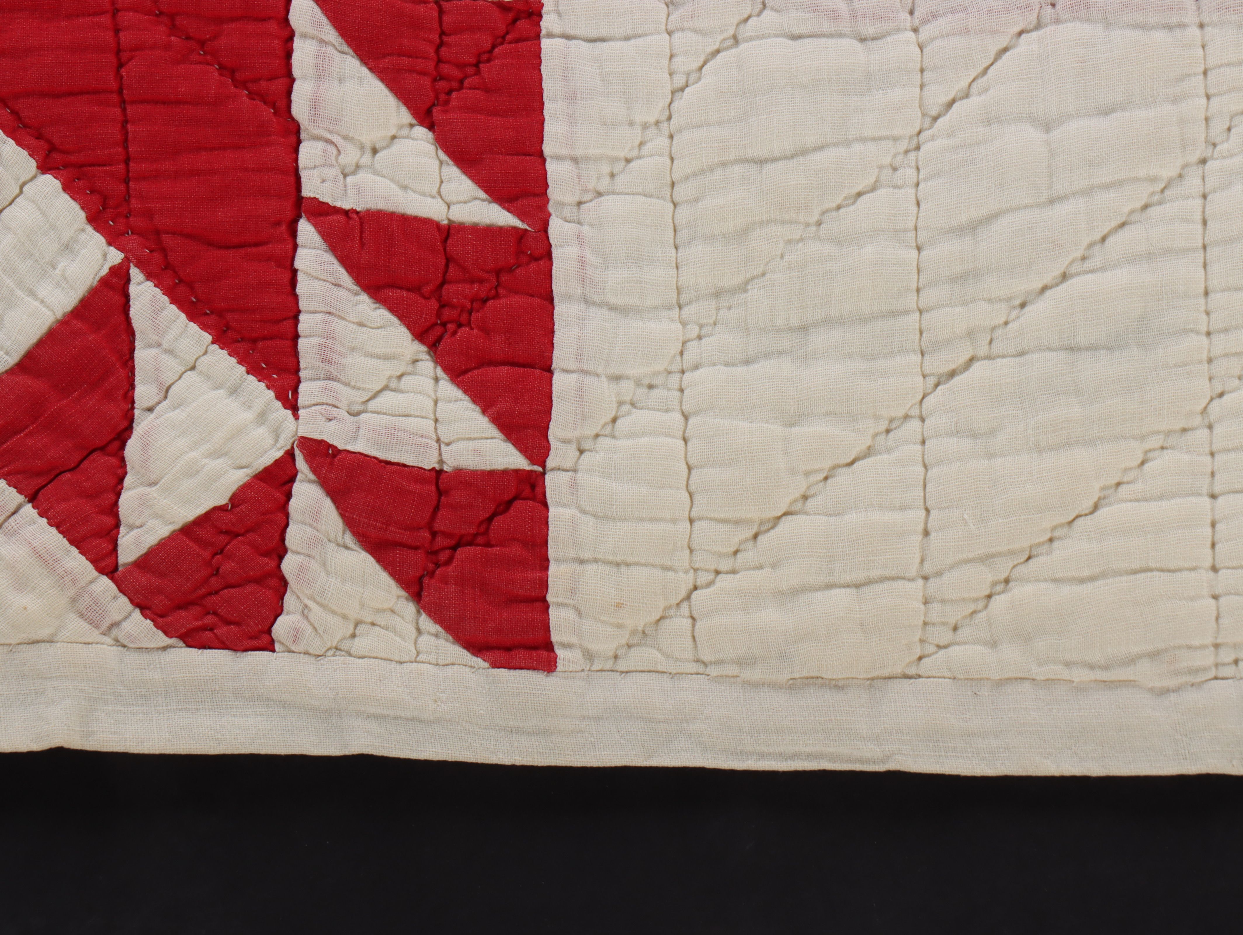 Hand-Pieced "Ohio Star" Cotton Quilt with Floral Needlework Panel