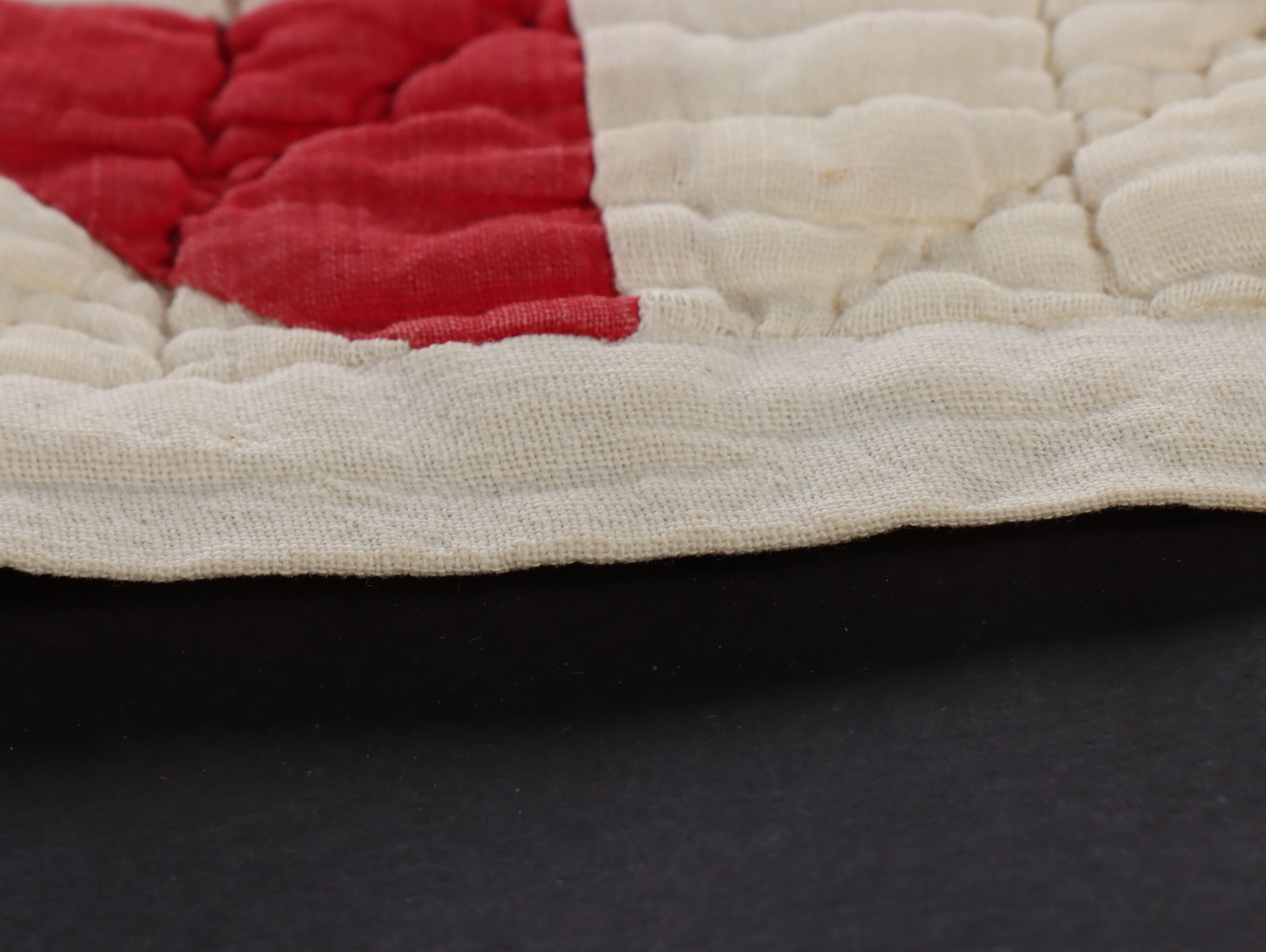 Hand-Pieced "Ohio Star" Cotton Quilt with Floral Needlework Panel